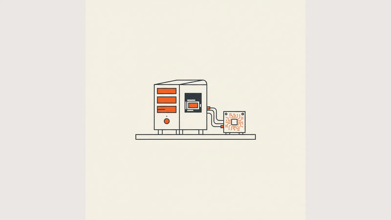 Illustrazione di un computer tower con scheda grafica collegato via cavo a una piccola scheda elettronica su una mensola