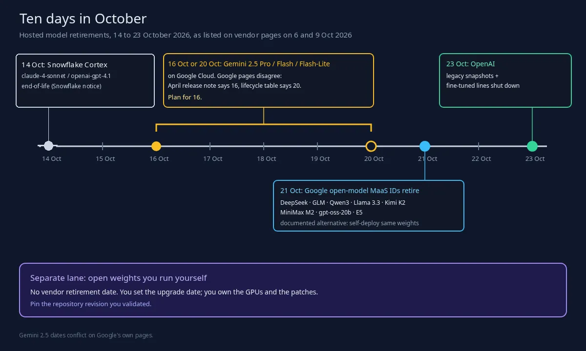 Zeitleiste der Einstellungen gehosteter Modelle vom 14. bis 23. Oktober 2026, mit einer separaten Spur, die zeigt, dass selbst gehostete Open Weights kein Abschaltdatum eines Anbieters haben.