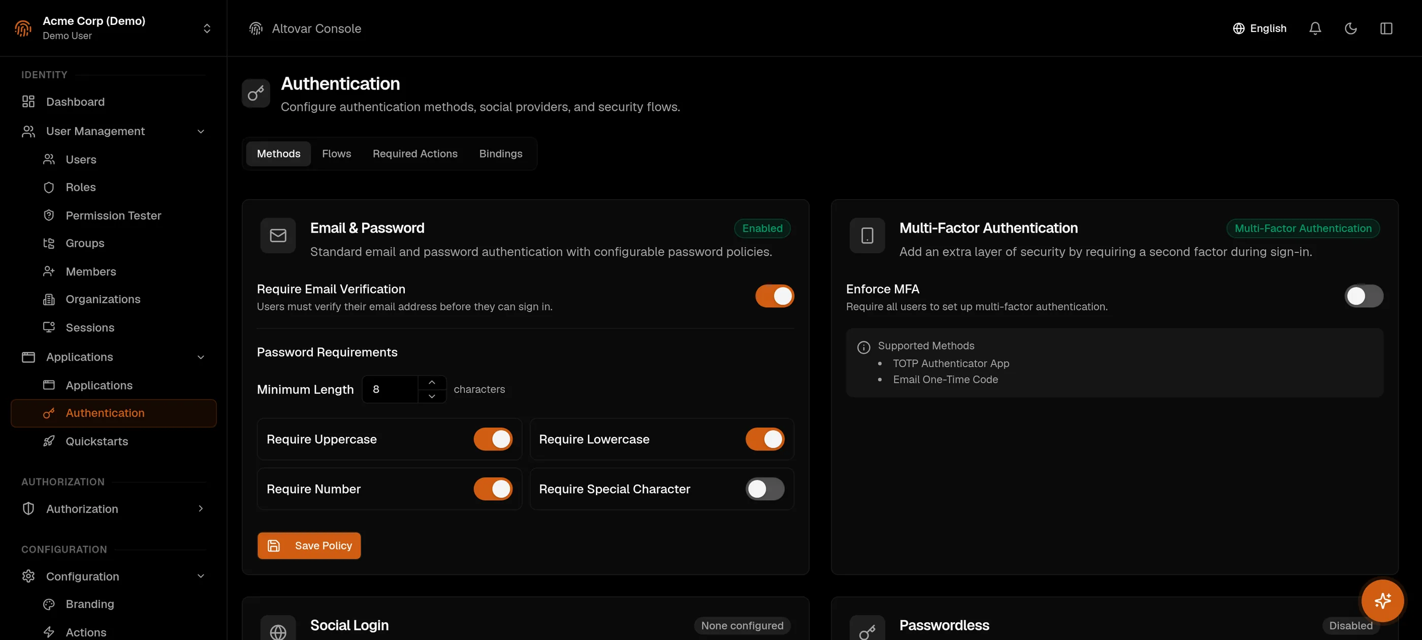 Authentication settings in the Auris console: email and password with the password policy, email verification, multi-factor authentication and the passwordless options.