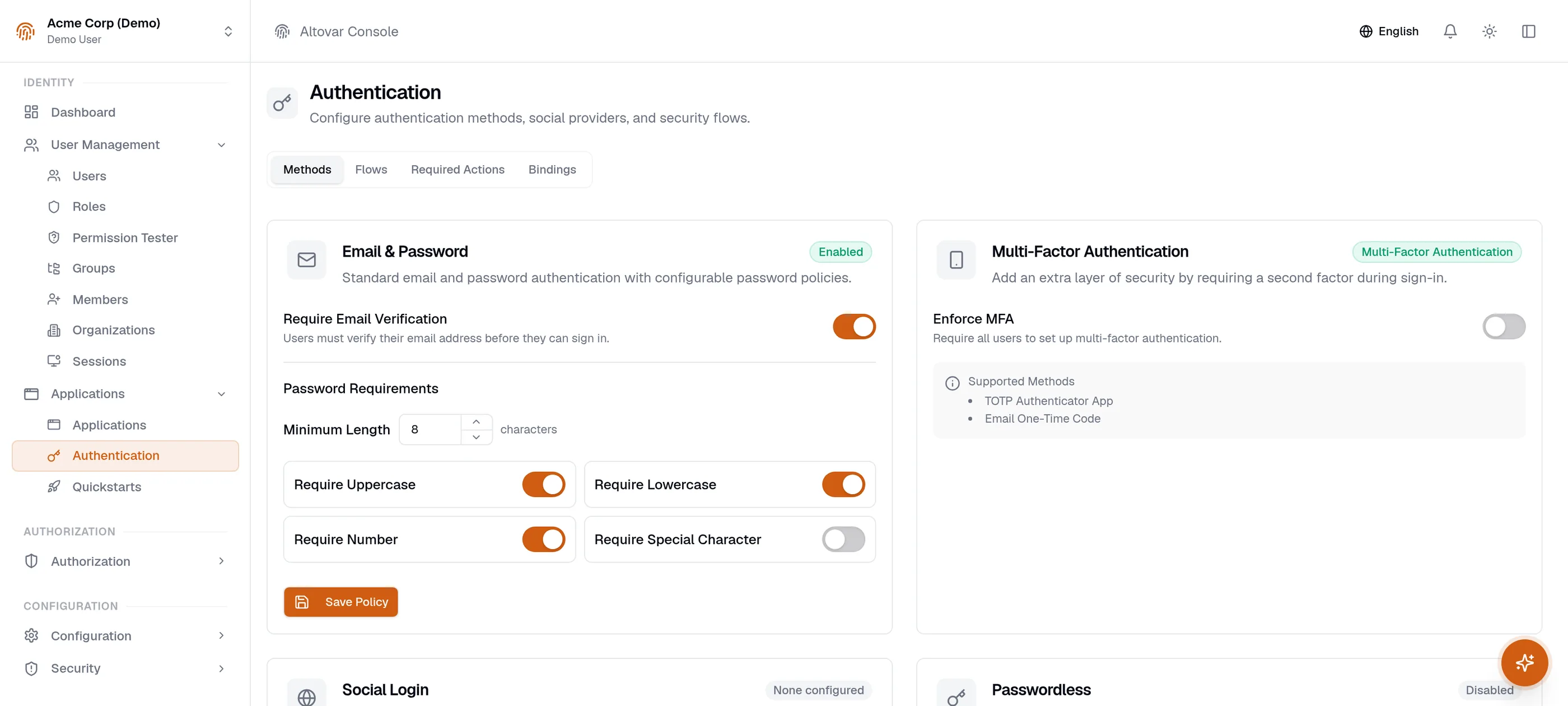 Authentication settings in the Auris console: email and password with the password policy, email verification, multi-factor authentication and the passwordless options.