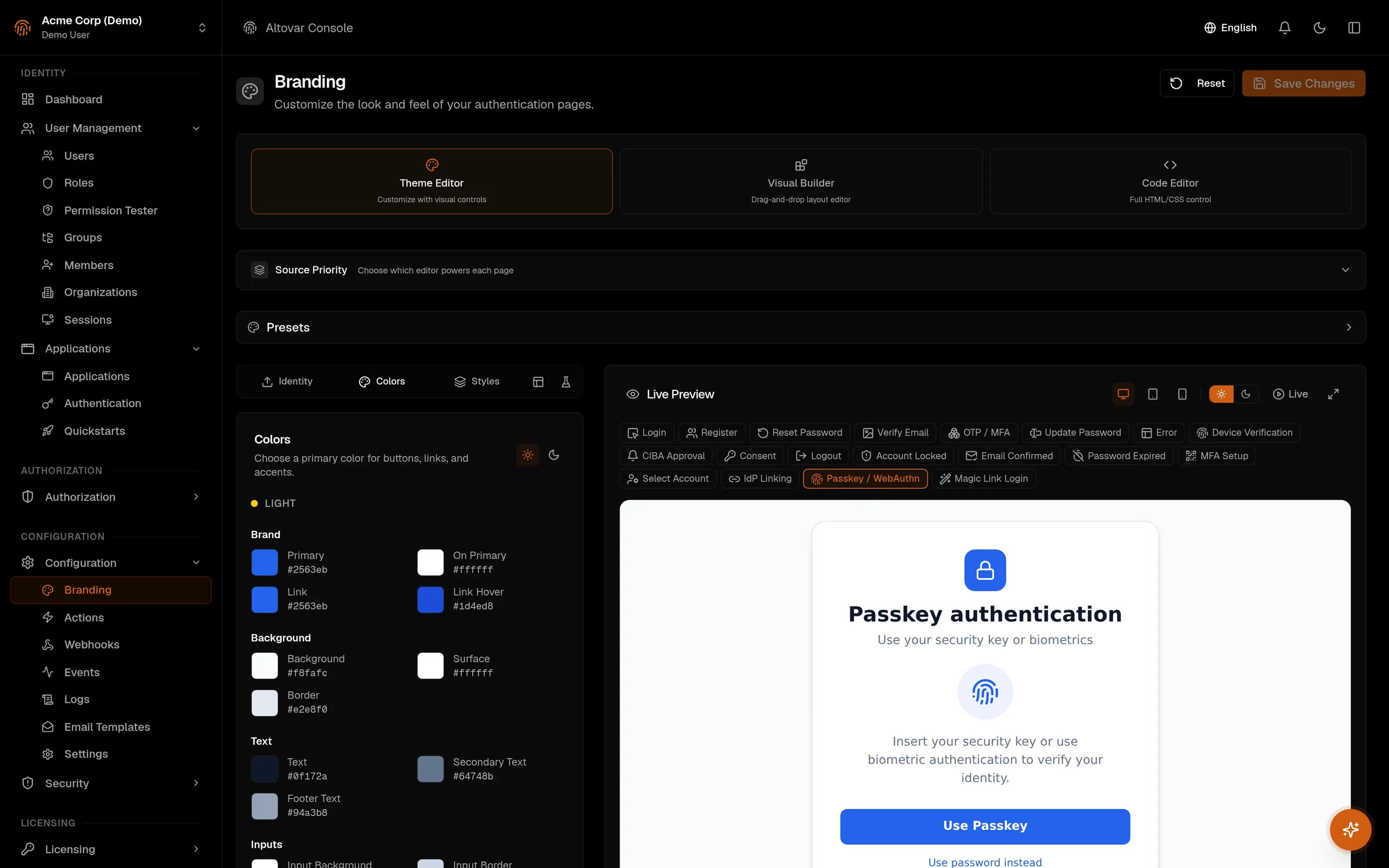 Branding in the Auris console: the theme editor's colour panel on the left, on the right the live preview of the passkey page.
