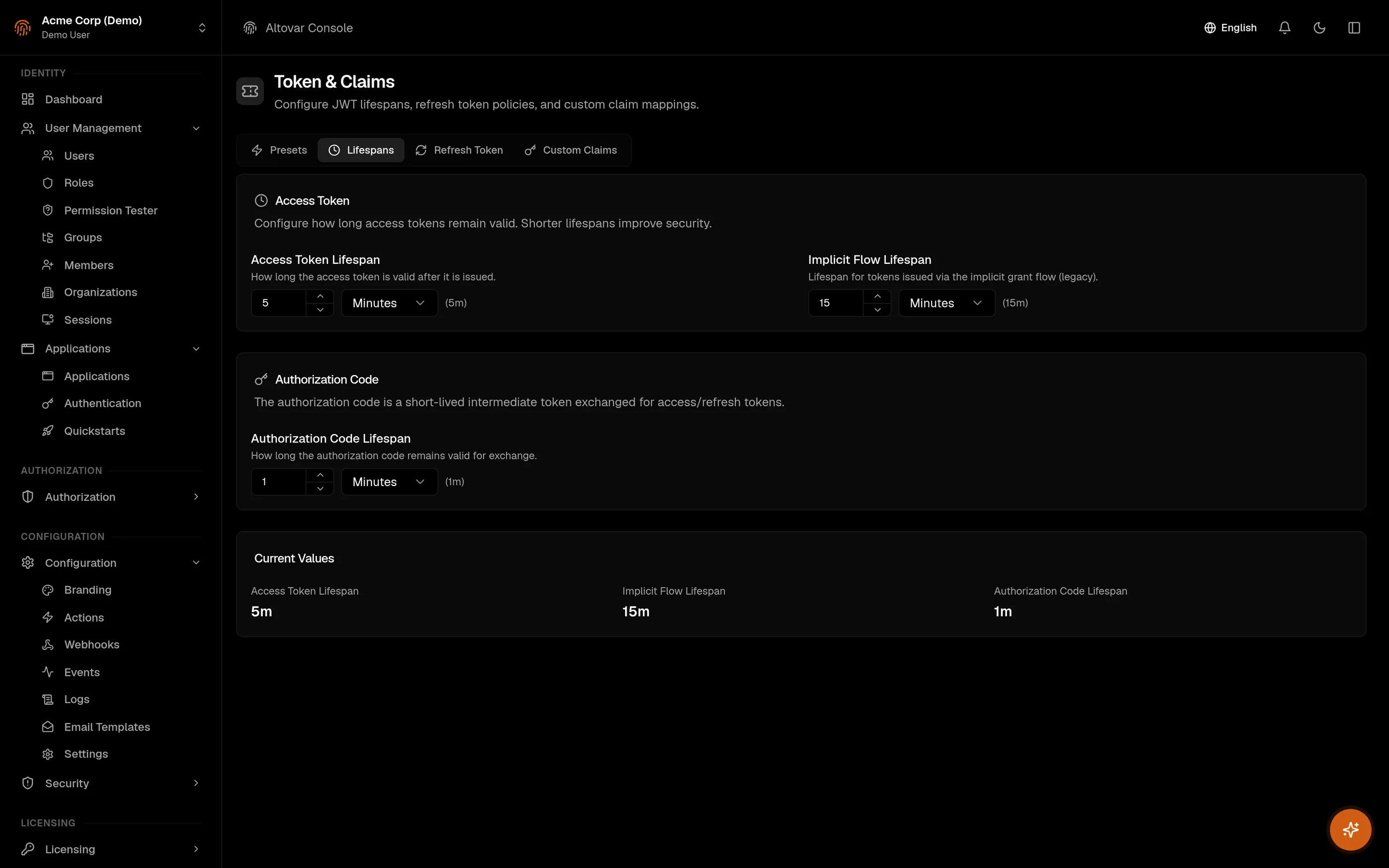 Token and claims settings in the Auris console: access token, implicit flow and authorization code lifespans.