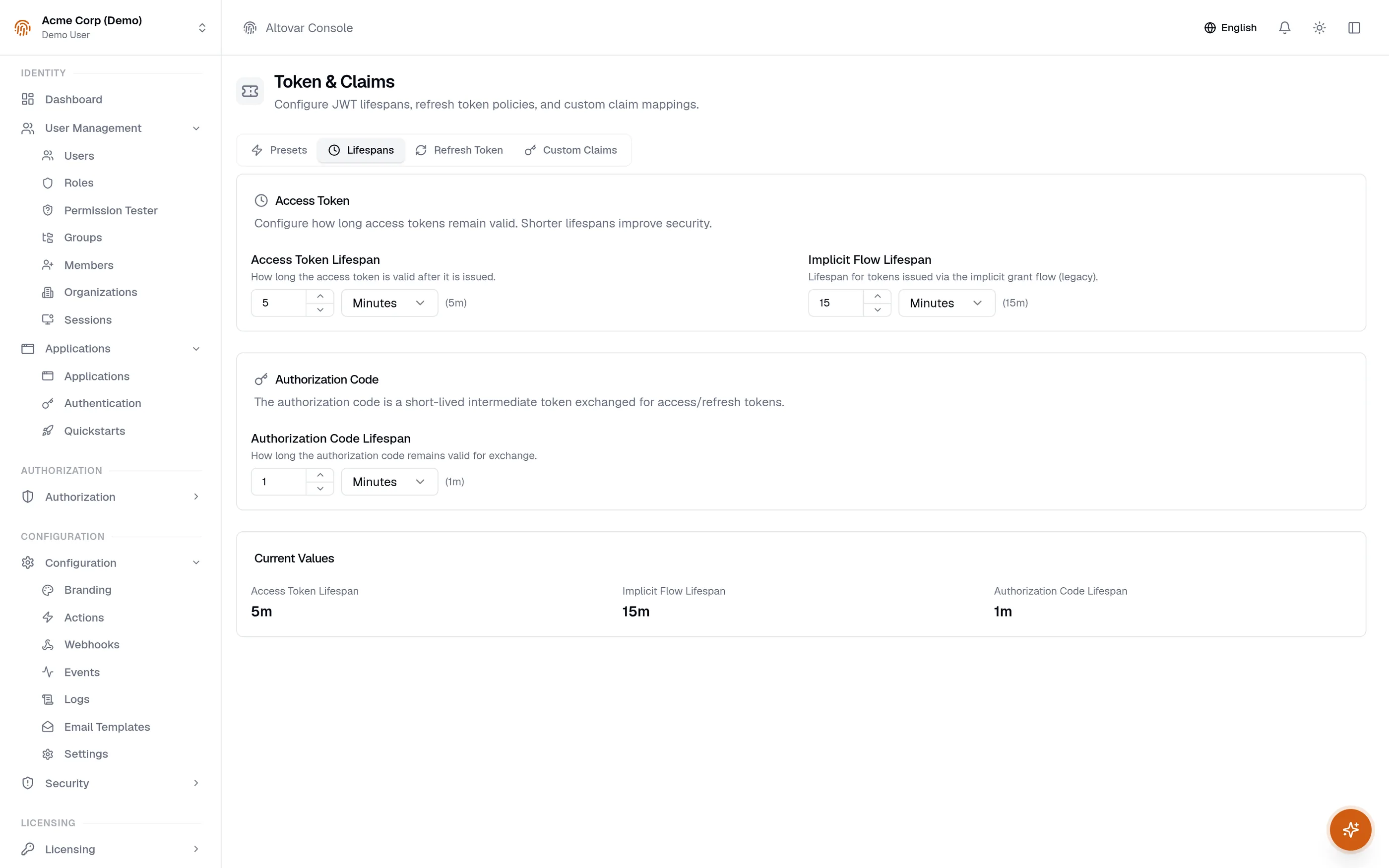 Token and claims settings in the Auris console: access token, implicit flow and authorization code lifespans.