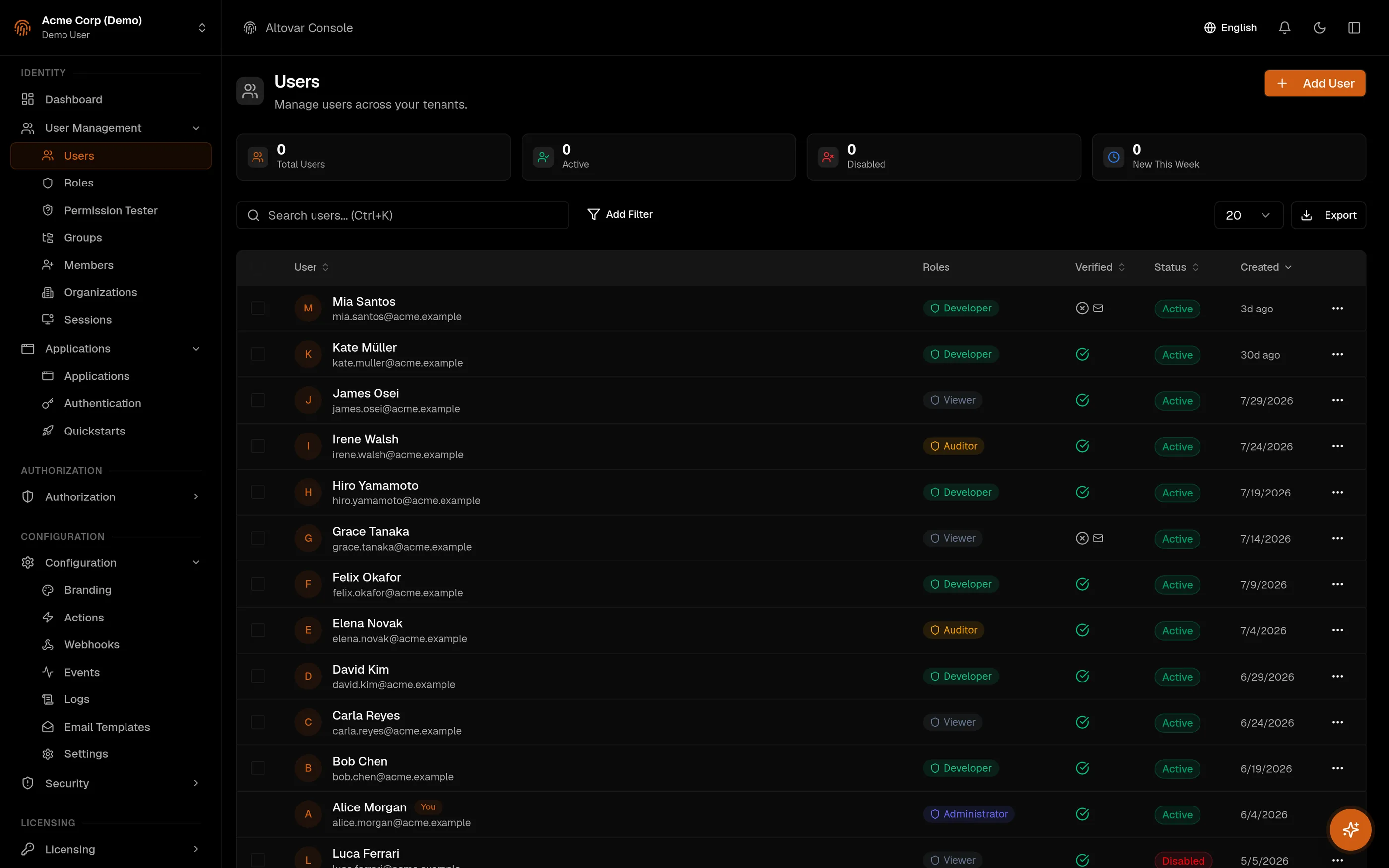 The Auris console, Users page: thirteen demo users with role, verification state, status and creation date, with search and filters above the table.