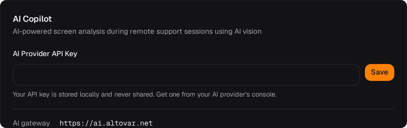Delta’s AI Copilot settings: AI-powered screen analysis during support sessions, an API key stored locally and never shared, and the gateway ai.altovar.net.