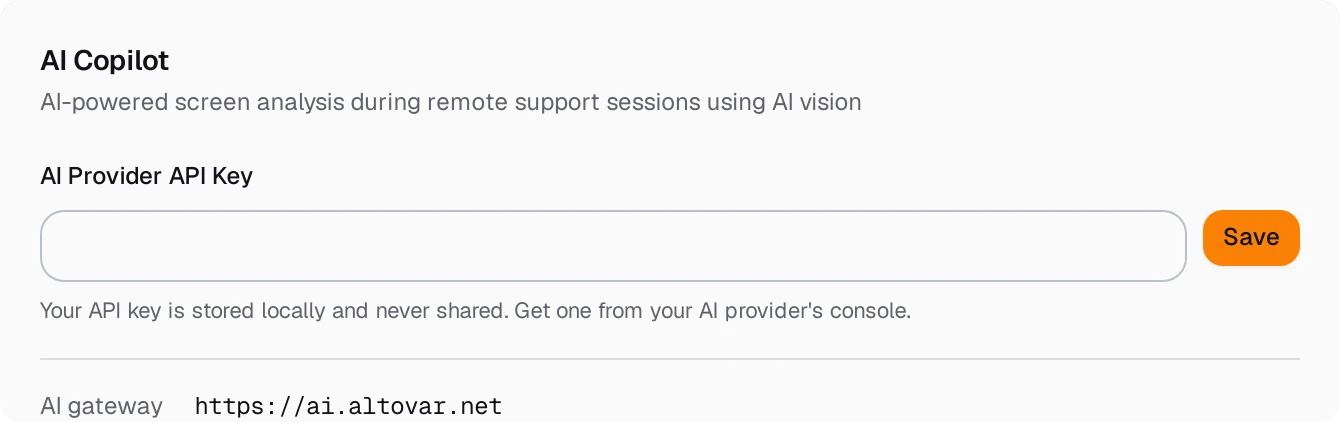 Delta’s AI Copilot settings: AI-powered screen analysis during support sessions, an API key stored locally and never shared, and the gateway ai.altovar.net.