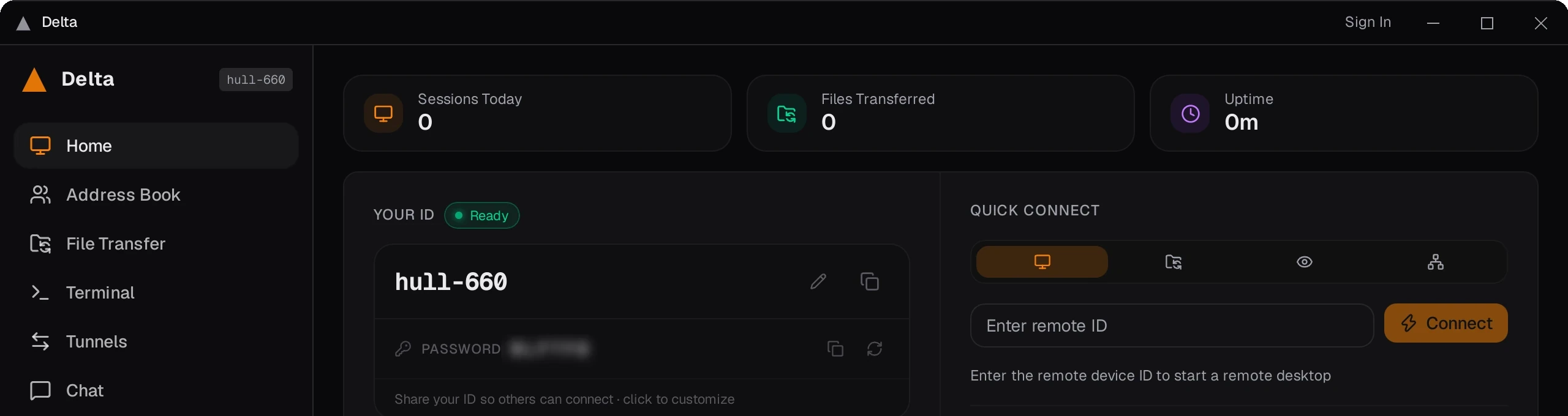 The Delta client on Linux: the device ID marked ready, and a field to connect to a peer.