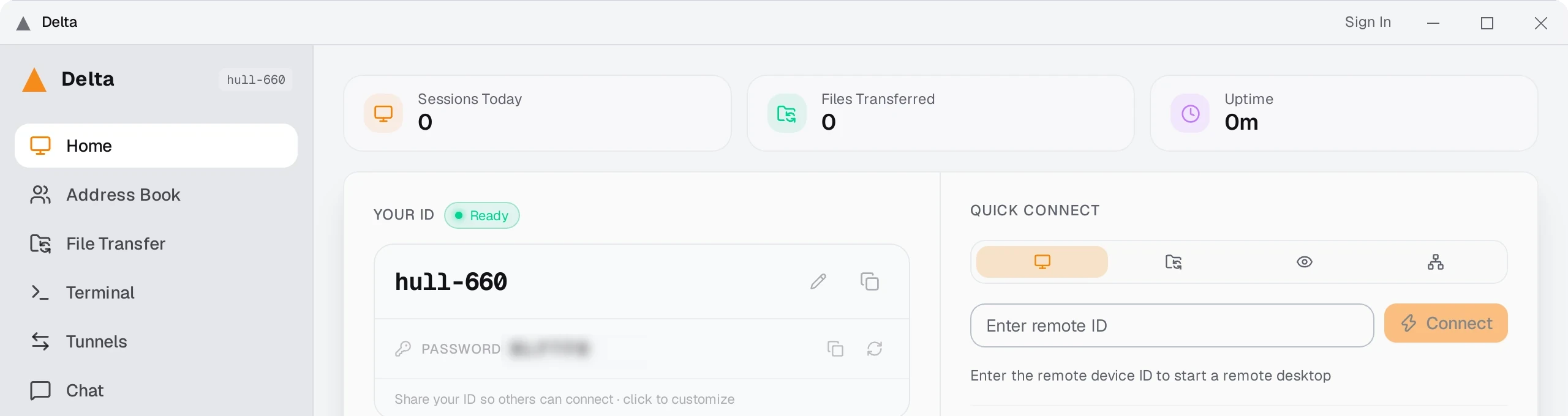 The Delta client on Linux: the device ID marked ready, and a field to connect to a peer.