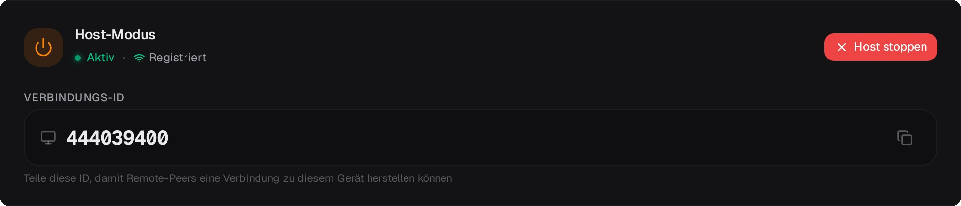 Deltas Host-Modus-Karte auf der Maschine, zu der verbunden wird: Host-Modus aktiv und beim Rendezvous registriert, darunter die Verbindungs-ID.