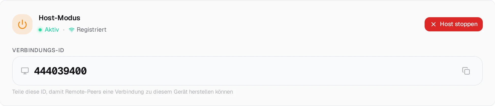Deltas Host-Modus-Karte auf der Maschine, zu der verbunden wird: Host-Modus aktiv und beim Rendezvous registriert, darunter die Verbindungs-ID.