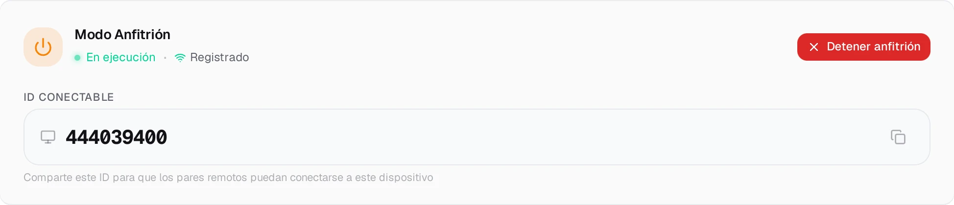 La tarjeta de Modo anfitrión de Delta en la máquina a la que se conectan: modo anfitrión en ejecución y registrado en el rendezvous, y debajo el ID conectable.