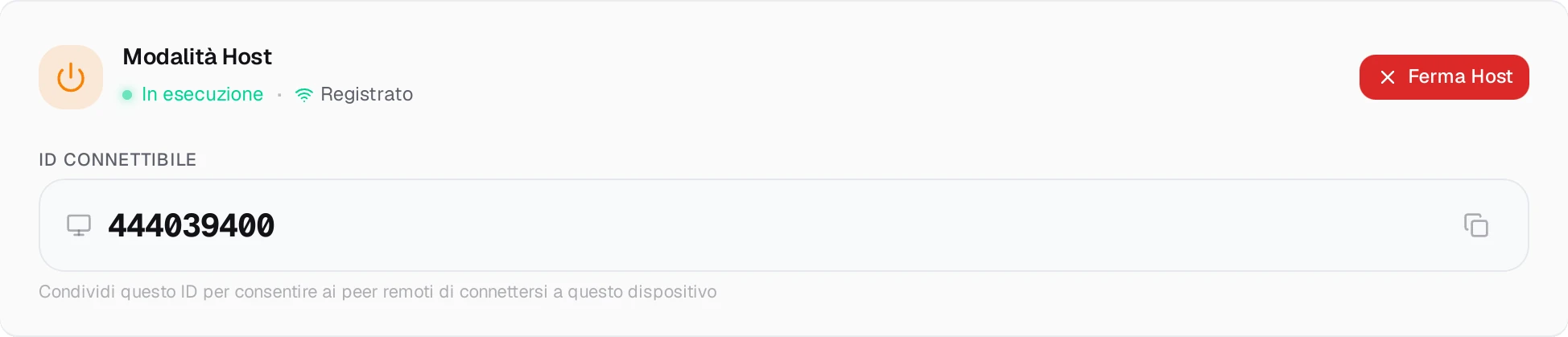 La scheda Modalità Host di Delta sulla macchina a cui ci si collega: modalità host in esecuzione e registrata al rendezvous, e sotto l’ID connettibile.