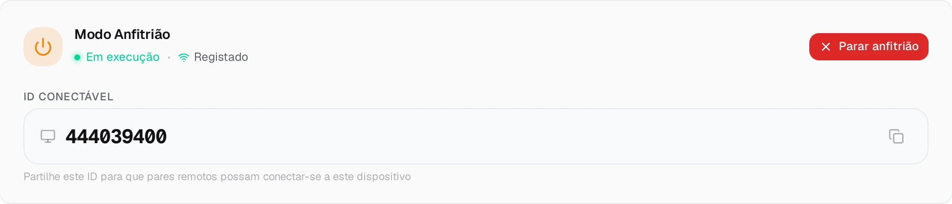 O cartão de Modo anfitrião do Delta na máquina a que se liga: modo anfitrião a correr e registado no rendezvous, e por baixo o ID de ligação.