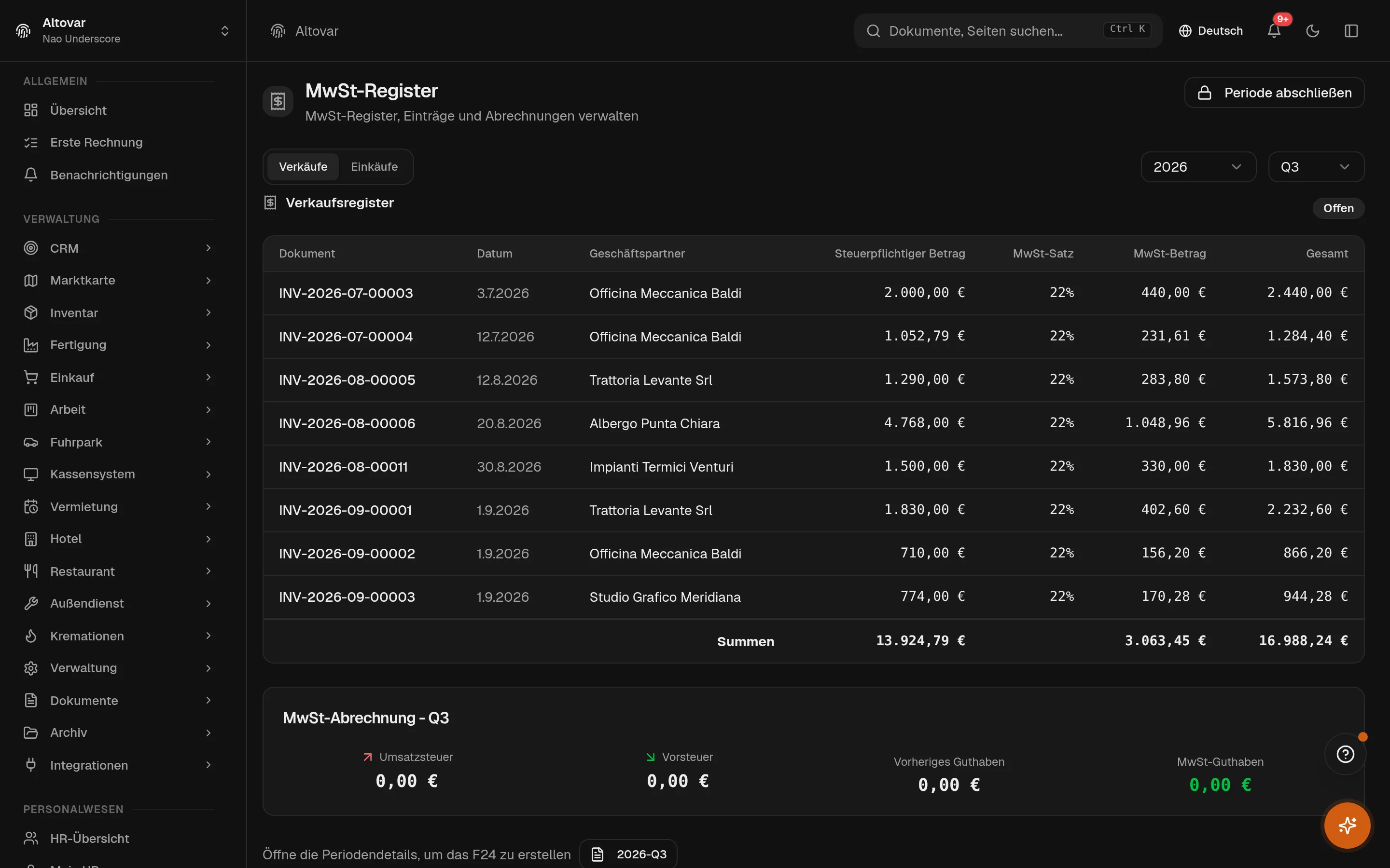 Der Umsatzsteuerbereich von Equinox: periodische Umsatzsteuerregister eines Demo-Unternehmens mit steuerpflichtigen Beträgen, Sätzen und Umsatzsteuersummen pro Zeitraum.