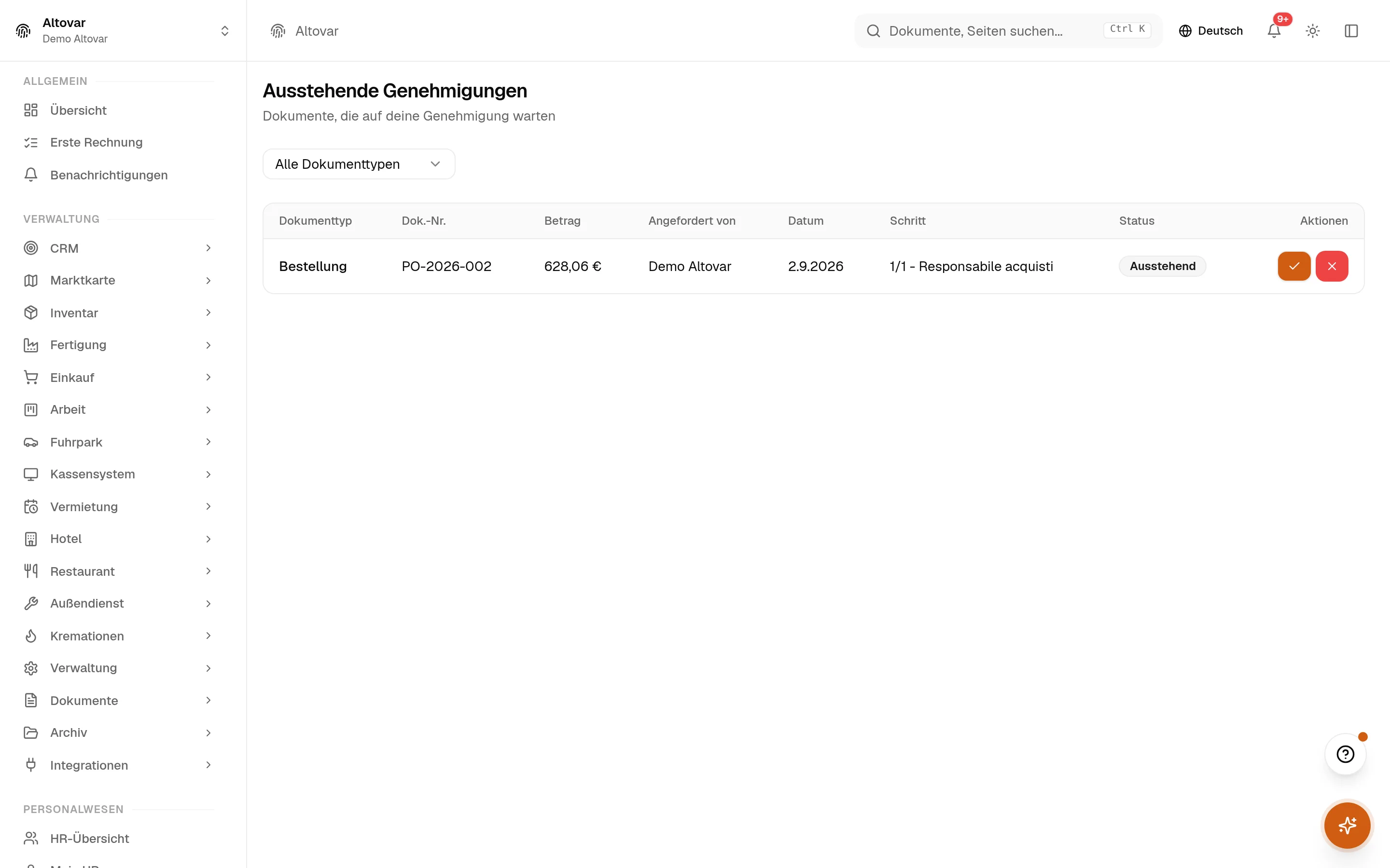 Die Liste ausstehender Genehmigungen von Equinox: eine Bestellung eines Demo-Unternehmens, die an ihrem Schritt wartet, mit Betrag, Antragsteller und Datum.
