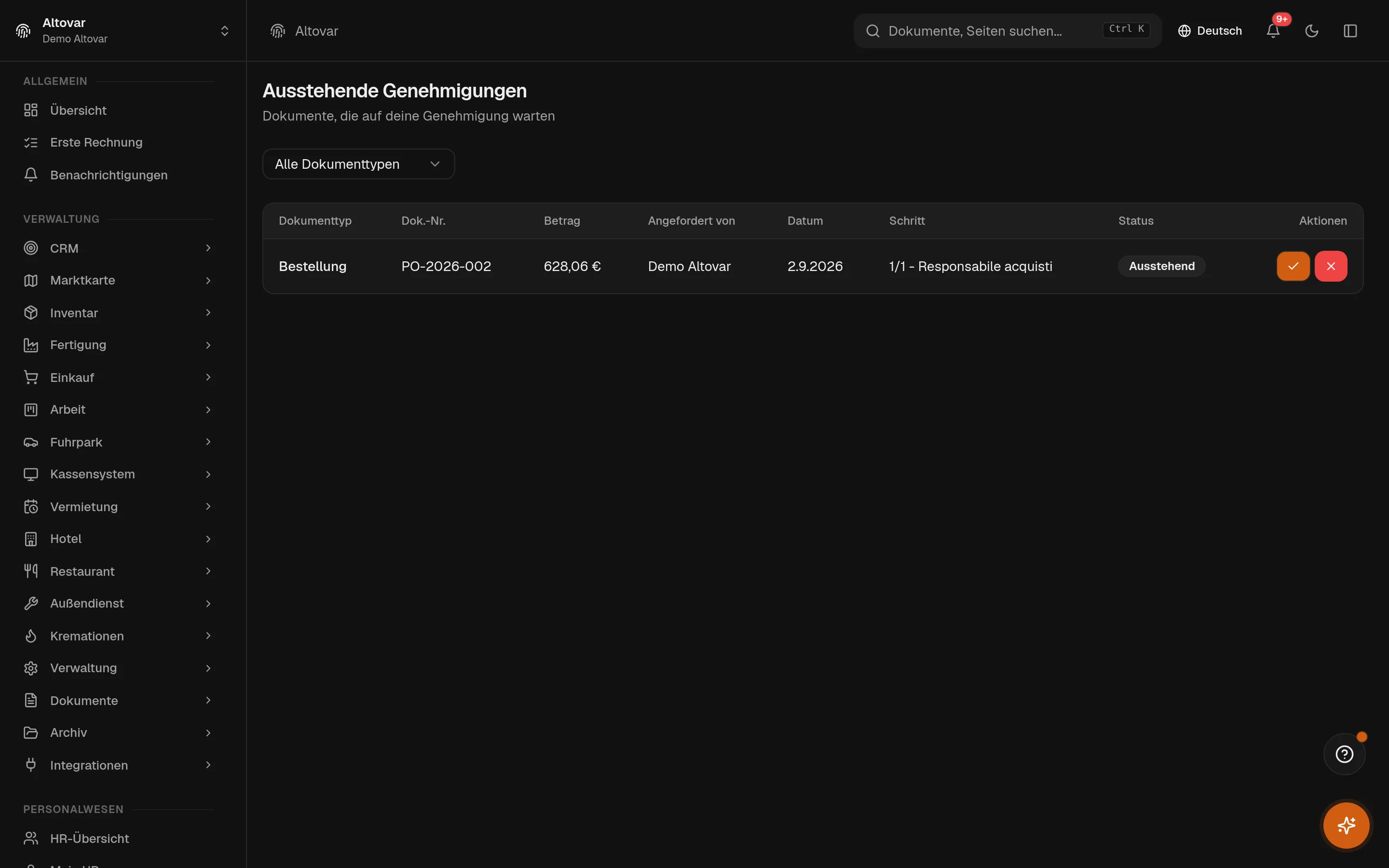 Die Liste ausstehender Genehmigungen von Equinox: eine Bestellung eines Demo-Unternehmens, die an ihrem Schritt wartet, mit Betrag, Antragsteller und Datum.
