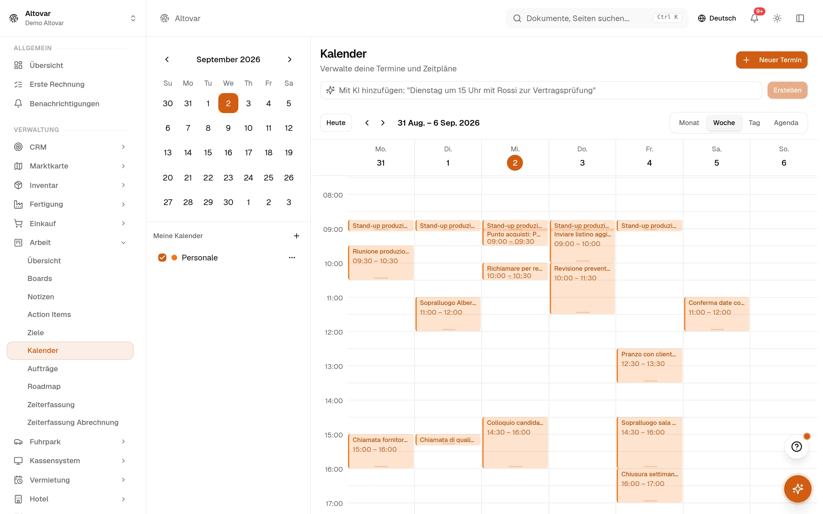 Der Kalender von Equinox in der Wochenansicht: die Termine eines Demo-Unternehmens über die Arbeitswoche verteilt.