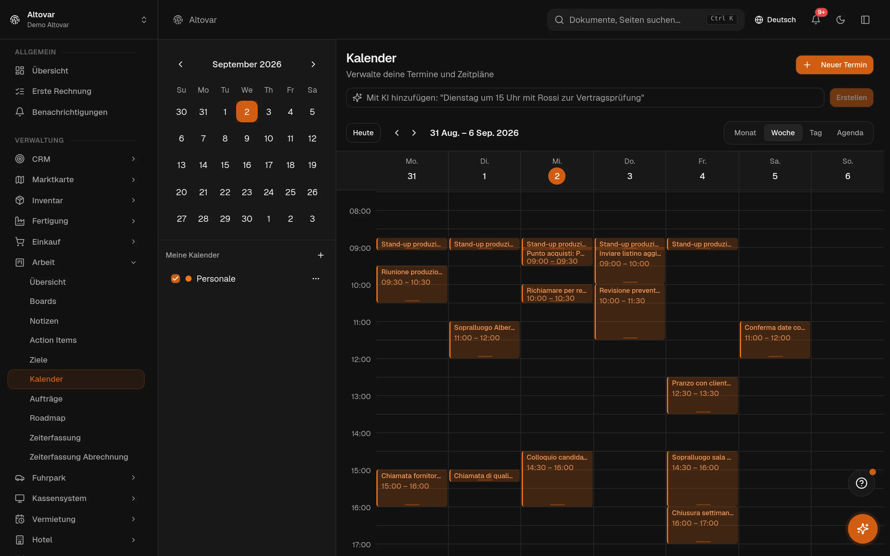 Der Kalender von Equinox in der Wochenansicht: die Termine eines Demo-Unternehmens über die Arbeitswoche verteilt.