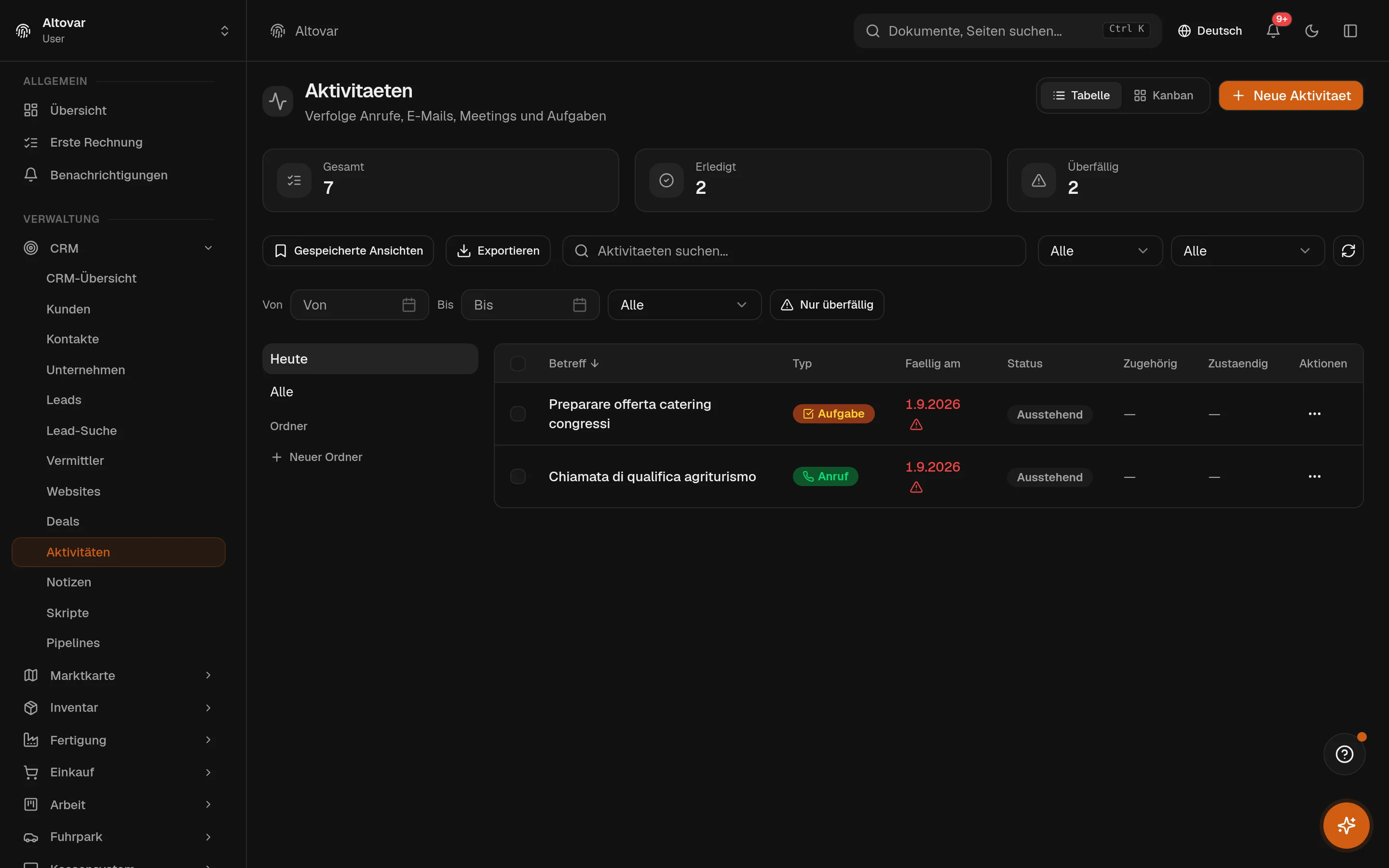 Die Aktivitätsliste von Equinox: Anrufe, eine Besprechung, Aufgaben und eine E-Mail eines Demo-Unternehmens mit Art, Betreff, Fälligkeitsdatum und Status.