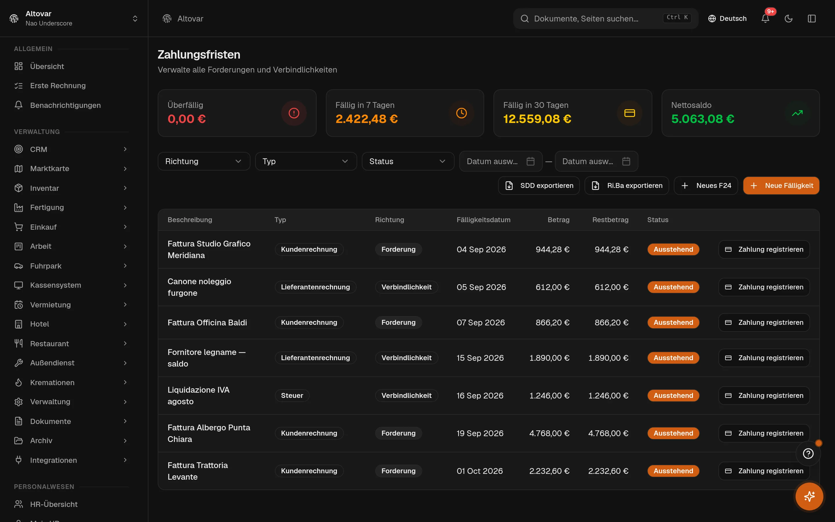 Der Fälligkeitsplan von Equinox: Zahlungsfälligkeiten eines Demo-Unternehmens mit Richtung, Beträgen, Restbeträgen, Fälligkeitsdaten und Status.
