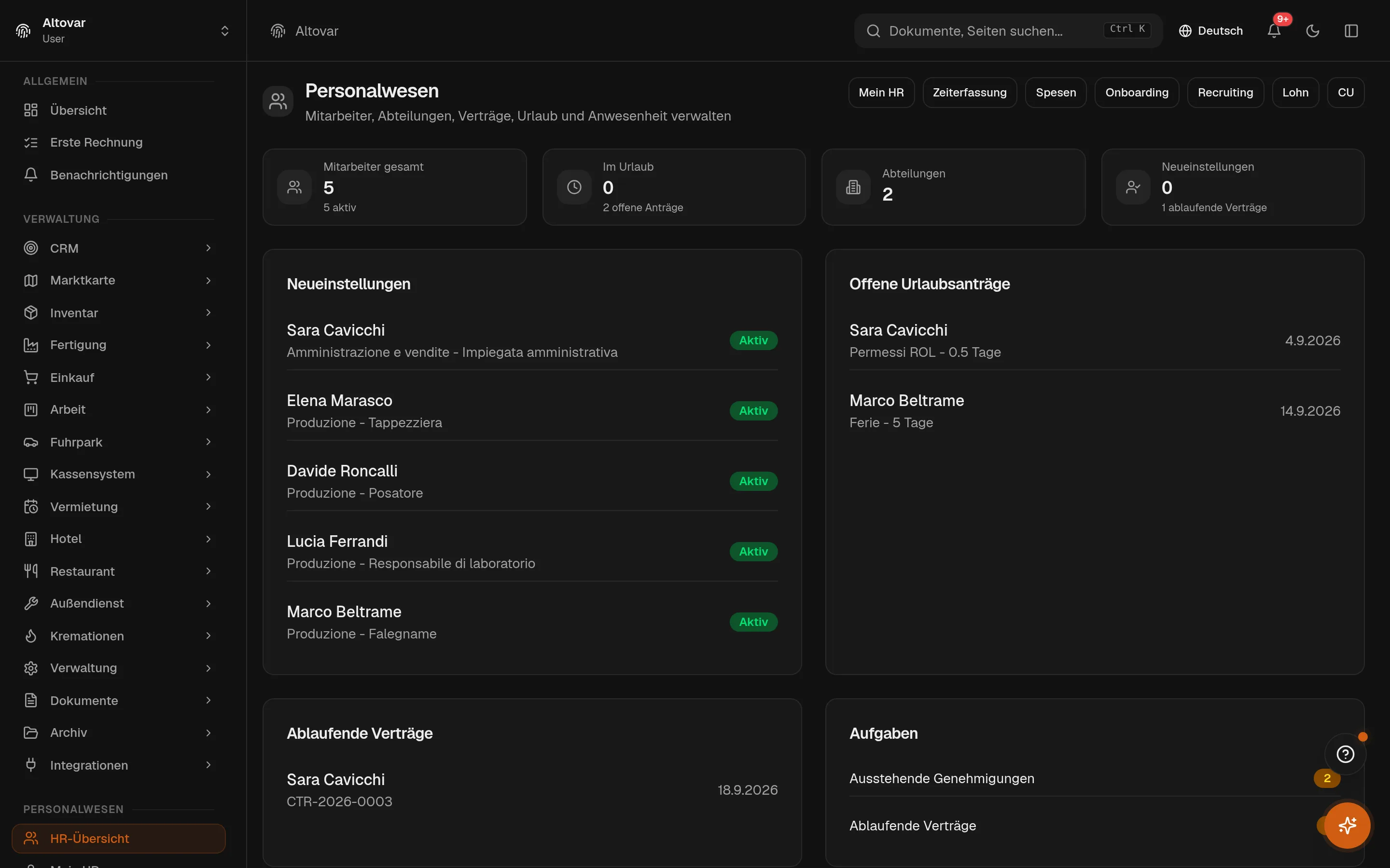 Das HR-Dashboard von Equinox: Zähler für Mitarbeiterzahl und Abteilungen, letzte Neueinstellungen, ausstehende Urlaubsanträge und ablaufende Verträge eines Demo-Unternehmens.