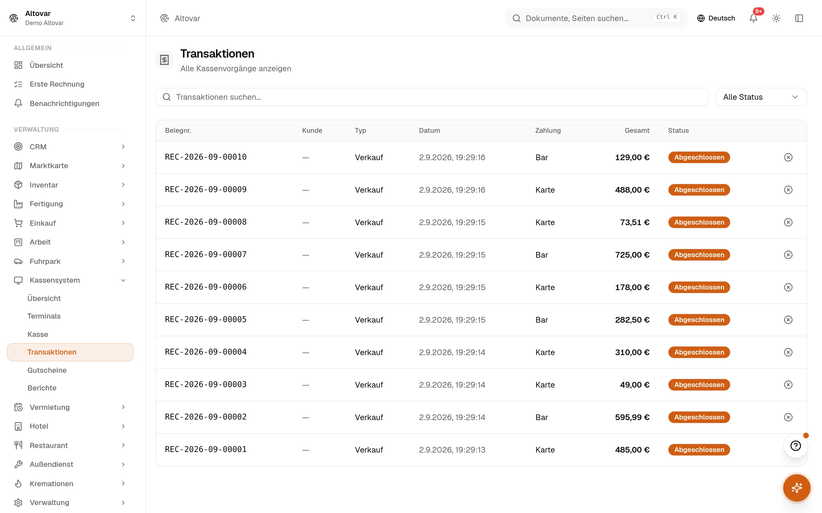 Die Equinox-Kassentransaktionsliste: Verkäufe eines Demo-Shops mit Belegnummer, Typ, Datum, Zahlungsart, Summe und Status.