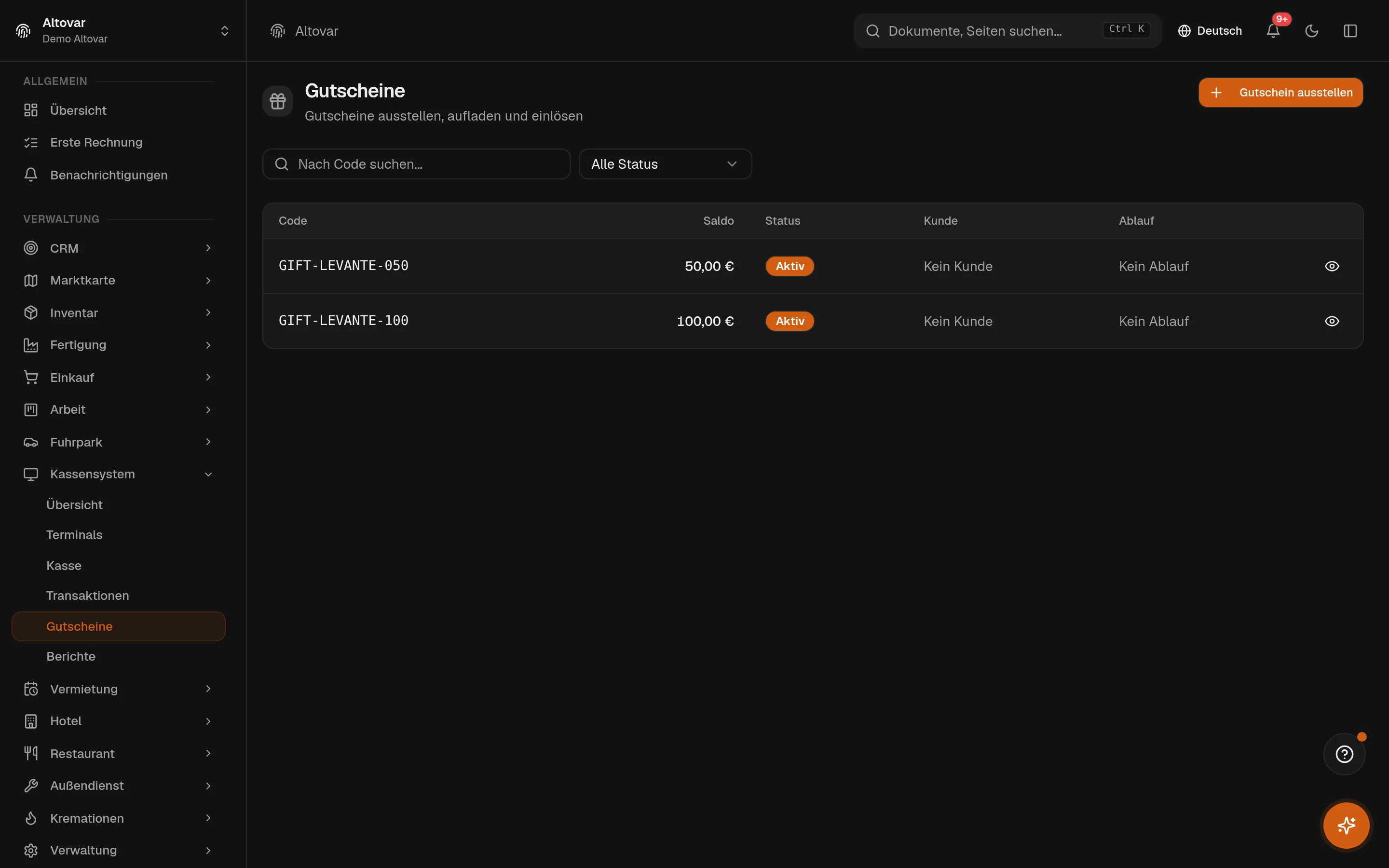 Die Equinox-Geschenkkartenliste: Karten eines Demo-Shops mit Code, Guthaben, Status und Ablaufdatum.