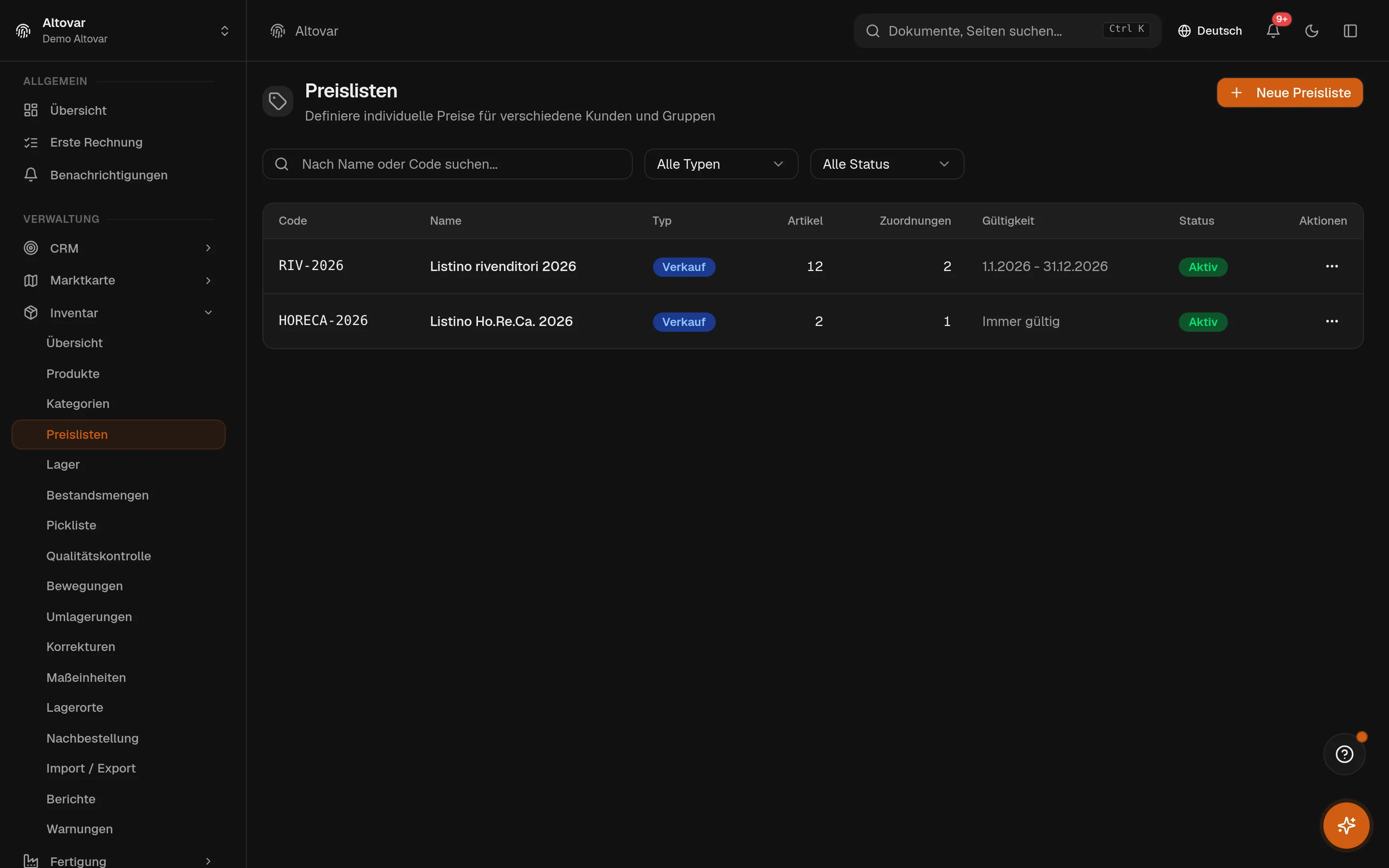 Die Equinox-Preislisten: Preislisten eines Demo-Unternehmens mit Code, Name, Typ, Anzahl Artikel, Zuordnungen, Gültigkeit und Status.