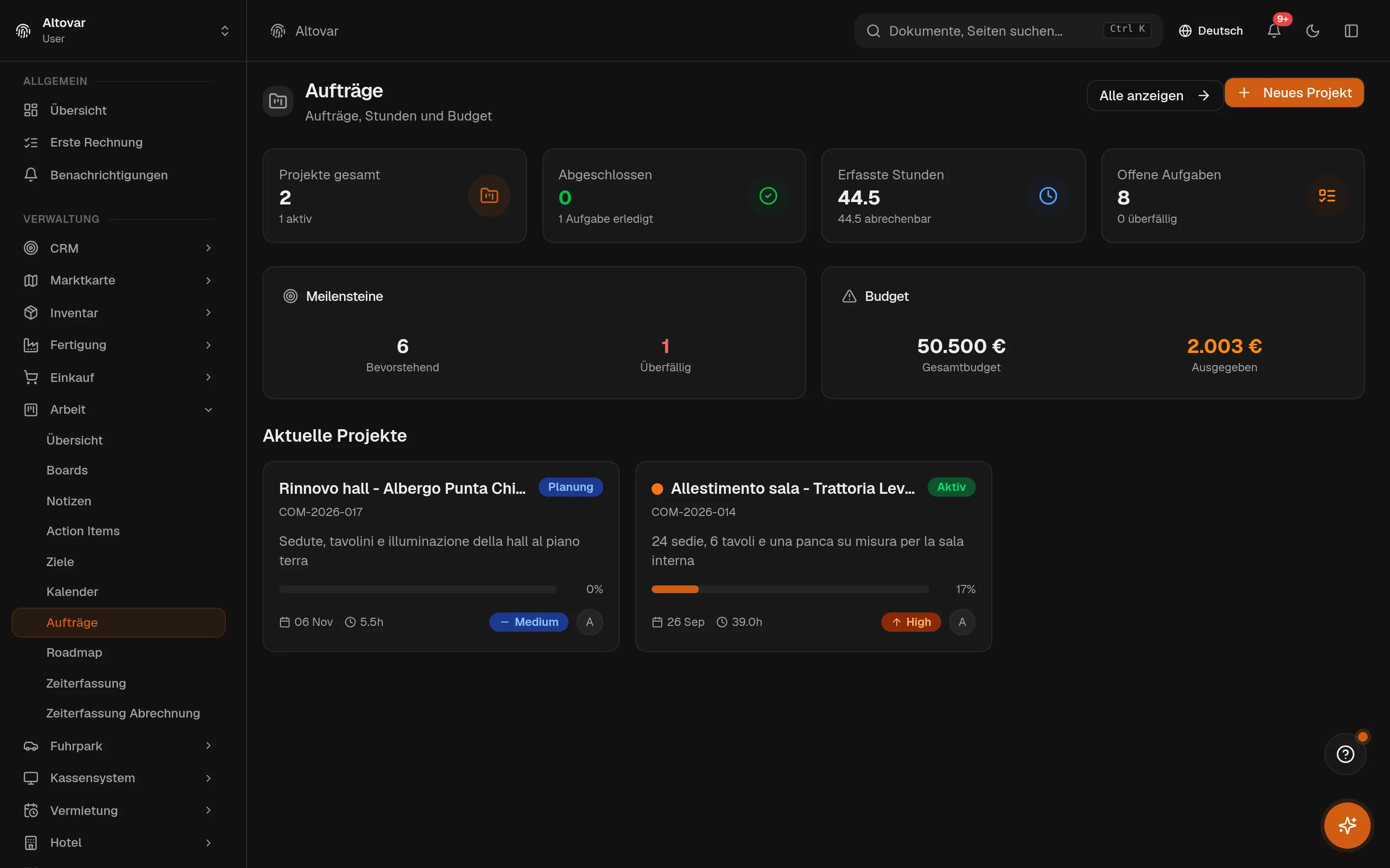 Das Projekt-Dashboard von Equinox: Zähler für Projekte und Aufgaben, Stunden und Meilensteine, mit zwei Demo-Projekten — dem Innenausbau eines Restaurant-Gastraums und der Renovierung einer Hotellobby.