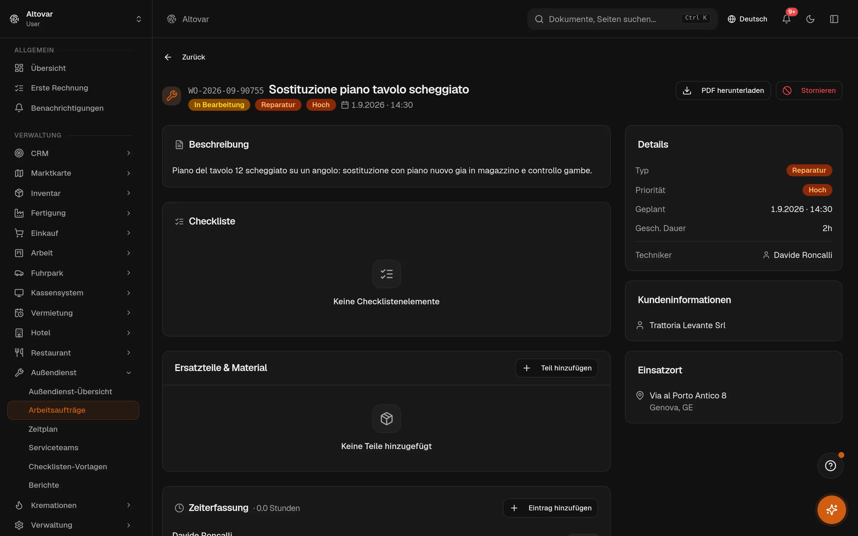 Ein laufender Arbeitsauftrag in Equinox: der Austausch einer Tischplatte in einem Demo-Restaurant, mit Kunde, Einsatzort, zugewiesenem Team und Techniker sowie einem Zeitprotokoll.