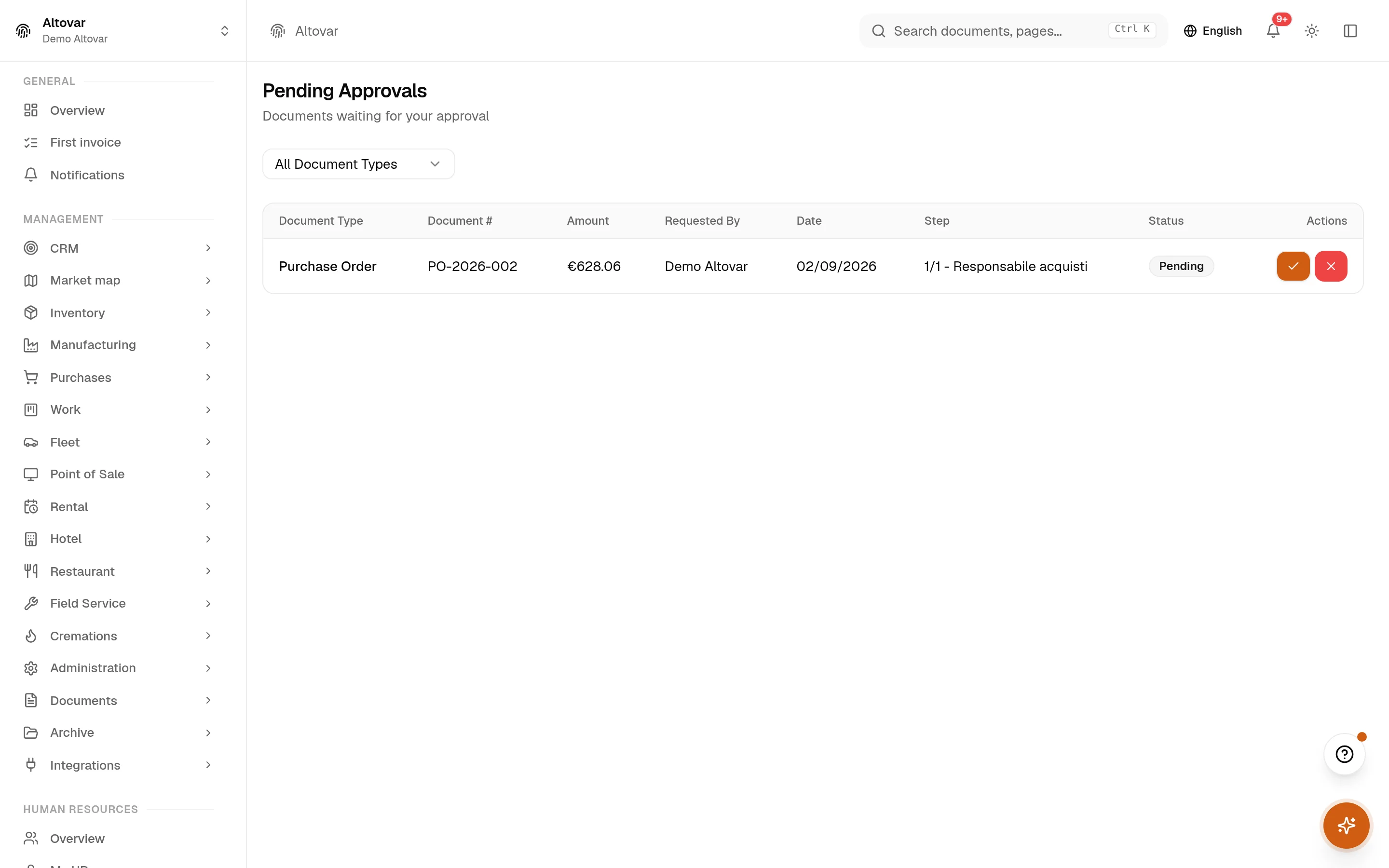 The Equinox pending approvals list: a purchase order of a demo company waiting at its step with amount, requester and date.