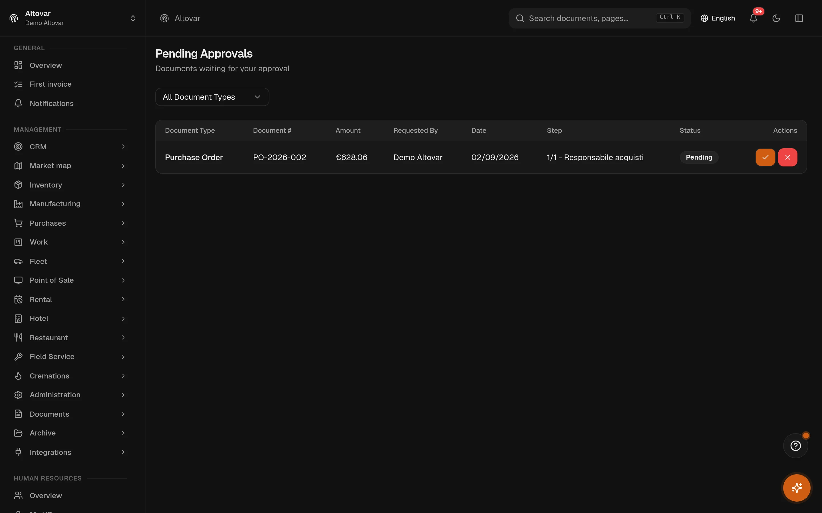 The Equinox pending approvals list: a purchase order of a demo company waiting at its step with amount, requester and date.