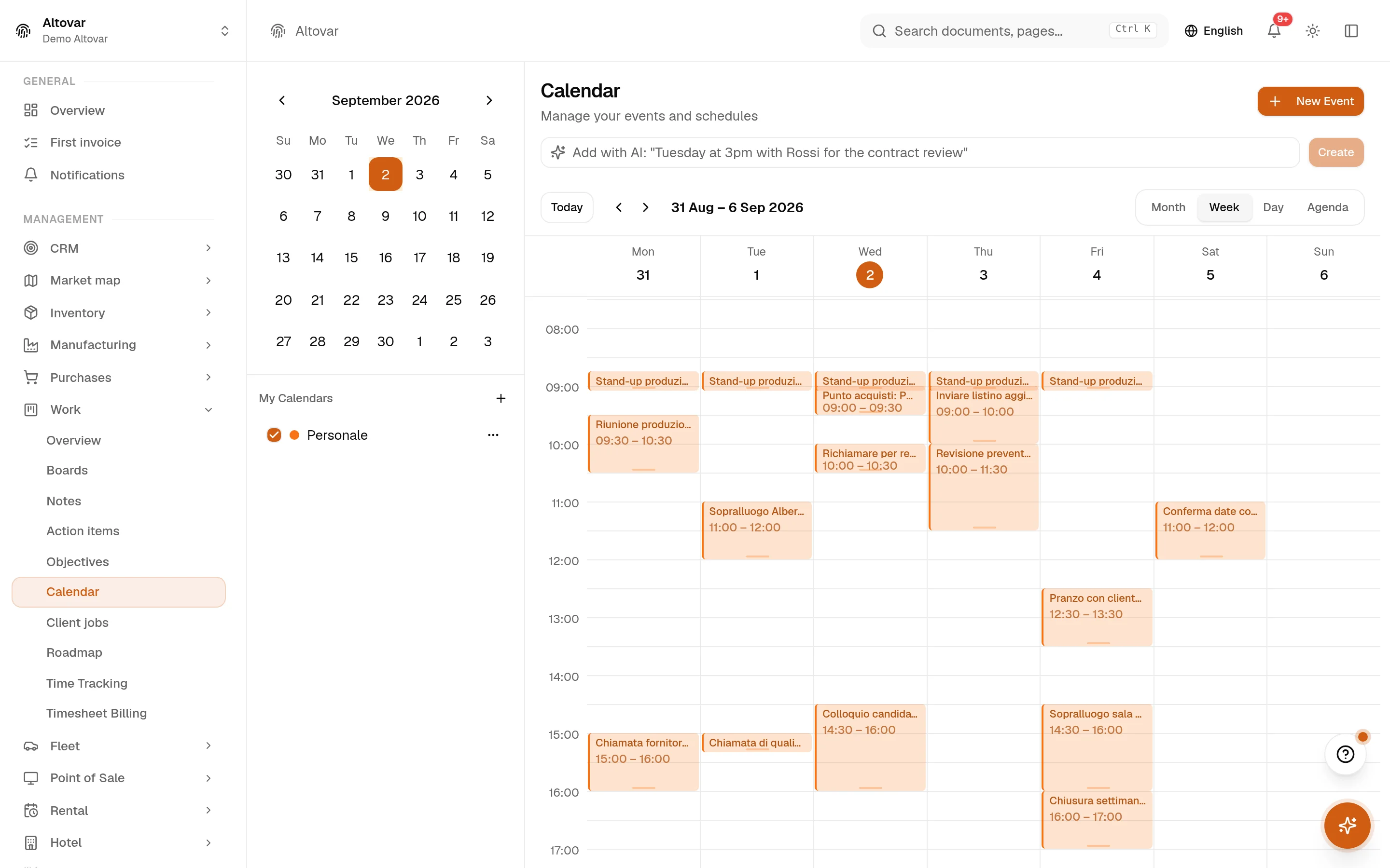 The Equinox calendar in week view: the events of a demo company laid out over the working week.
