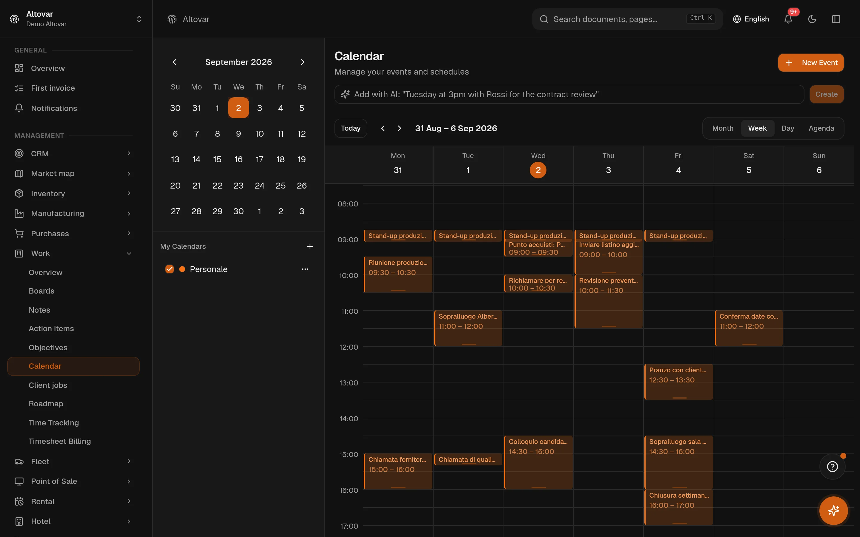 The Equinox calendar in week view: the events of a demo company laid out over the working week.