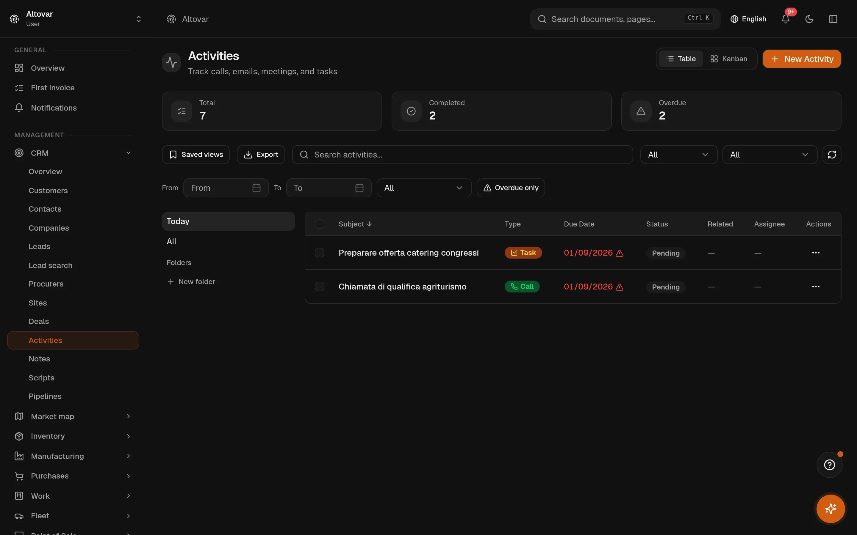 The Equinox activity list: calls, a meeting, tasks and an email of a demo company with type, subject, due date and status.