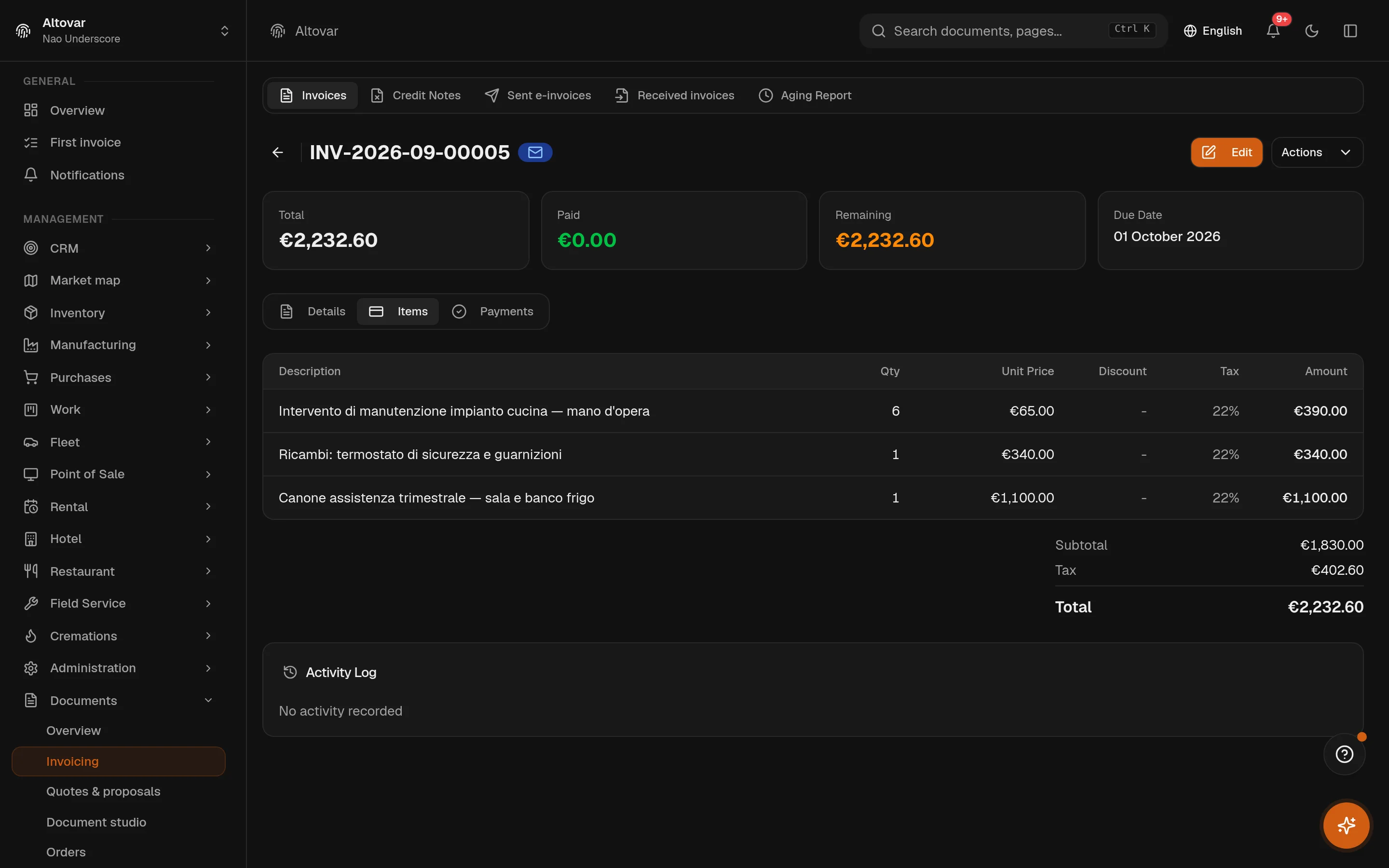An Equinox invoice in detail: lines, totals, VAT summary and payment state of a demo invoice.