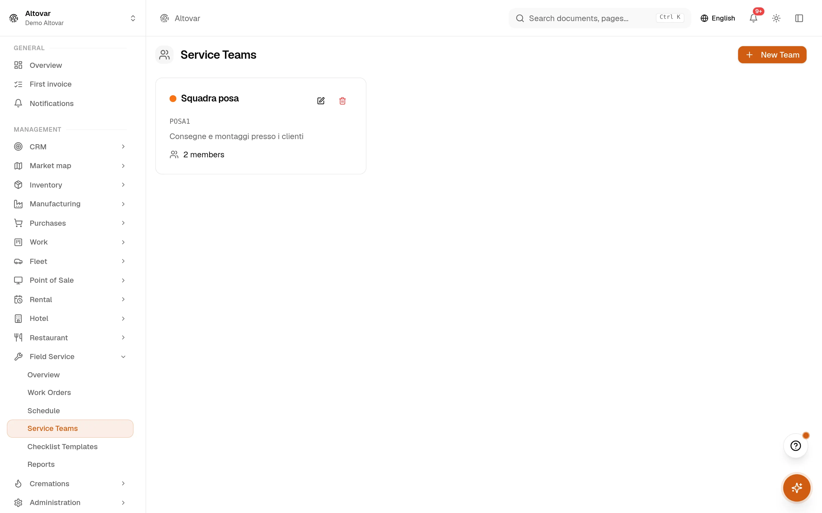 The Equinox service teams view: a demo team with its code, description, lead and members.