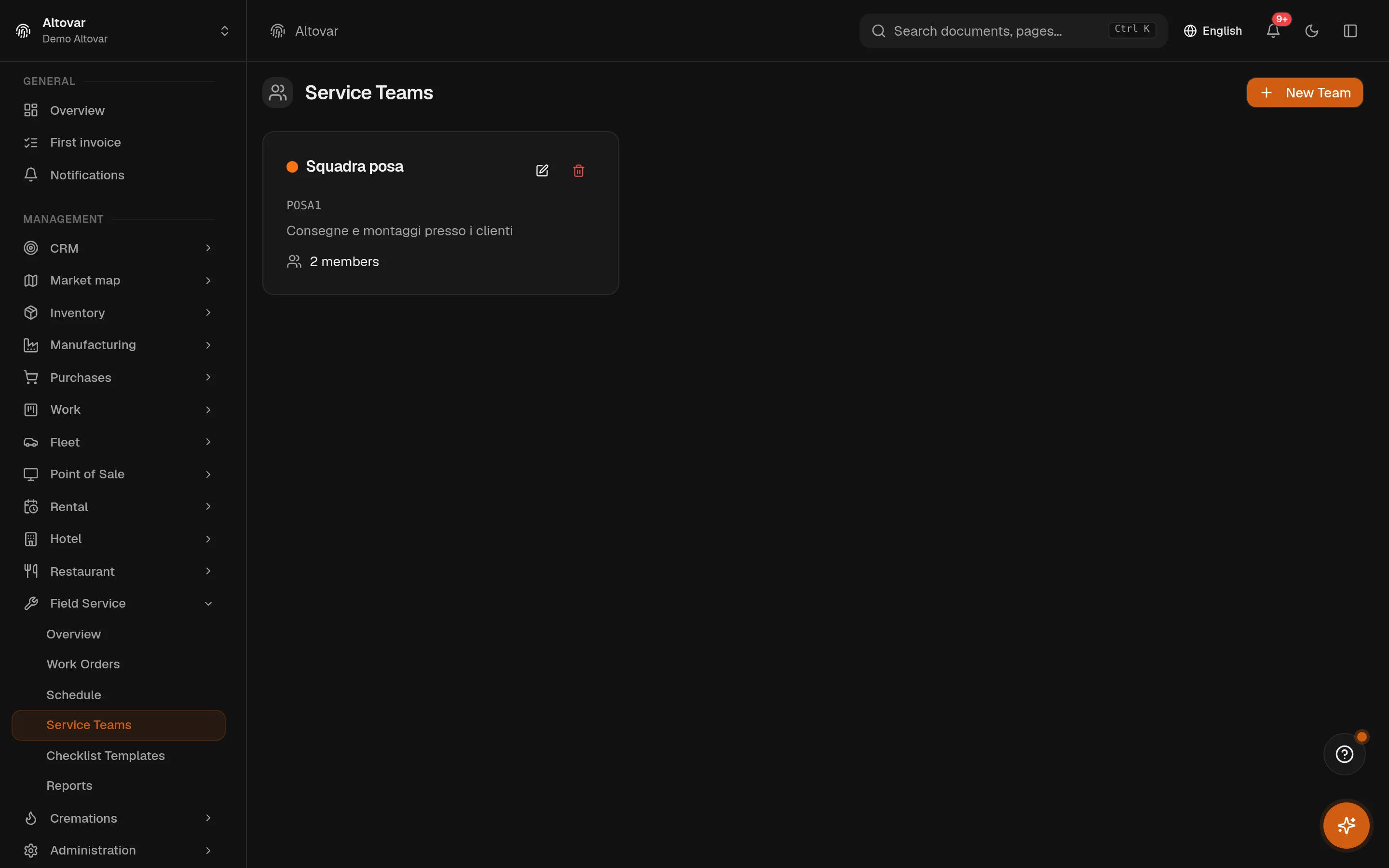 The Equinox service teams view: a demo team with its code, description, lead and members.