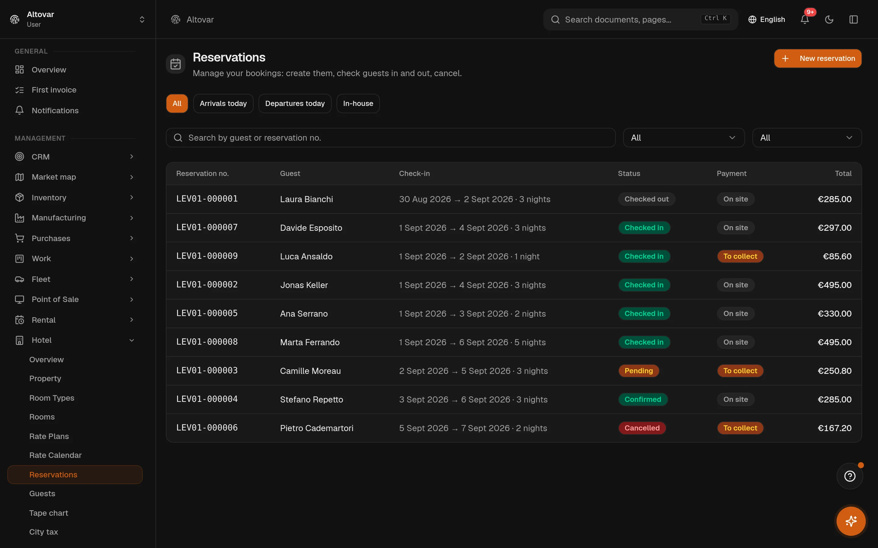 The Equinox hotel reservations list: bookings of a demo guesthouse with guest, room type, dates, source, status and amount.