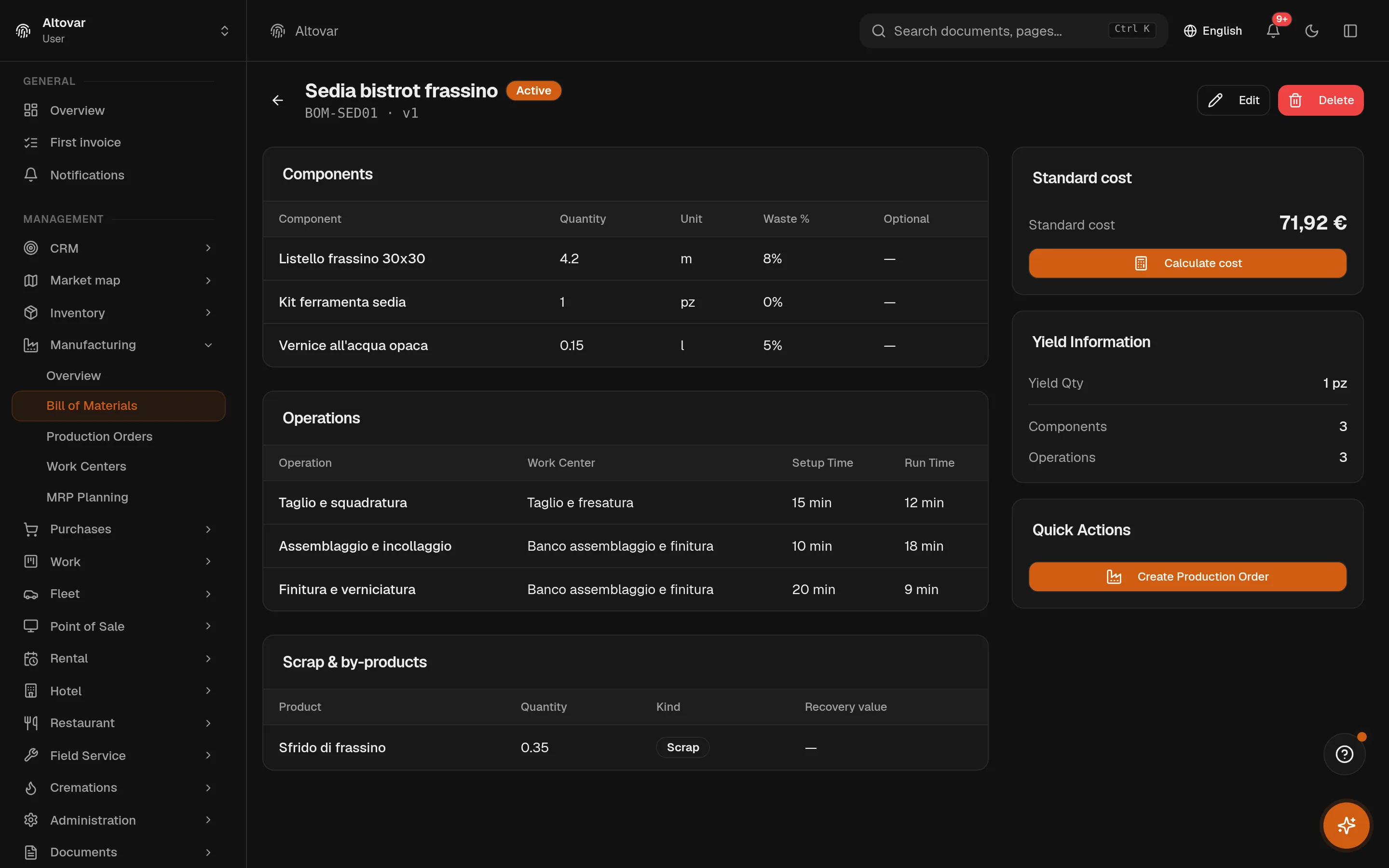 A bill of materials in Equinox for a demo chair: component lines with quantity, unit and waste percentage, the operations with setup and run minutes on their work centers, and the rolled-up standard cost.