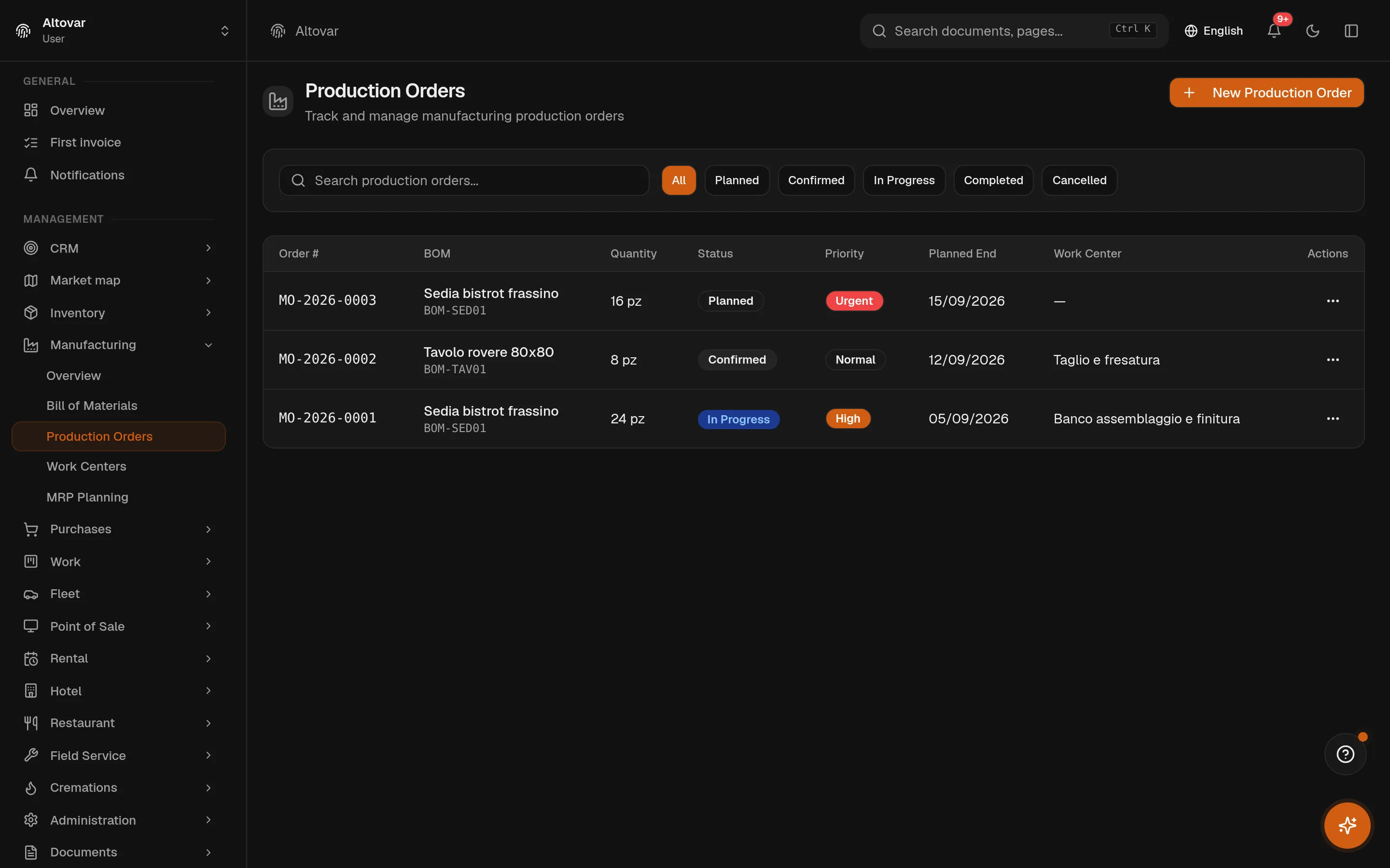 The Equinox production orders list: demo orders with number, product, quantity, state, priority and dates.
