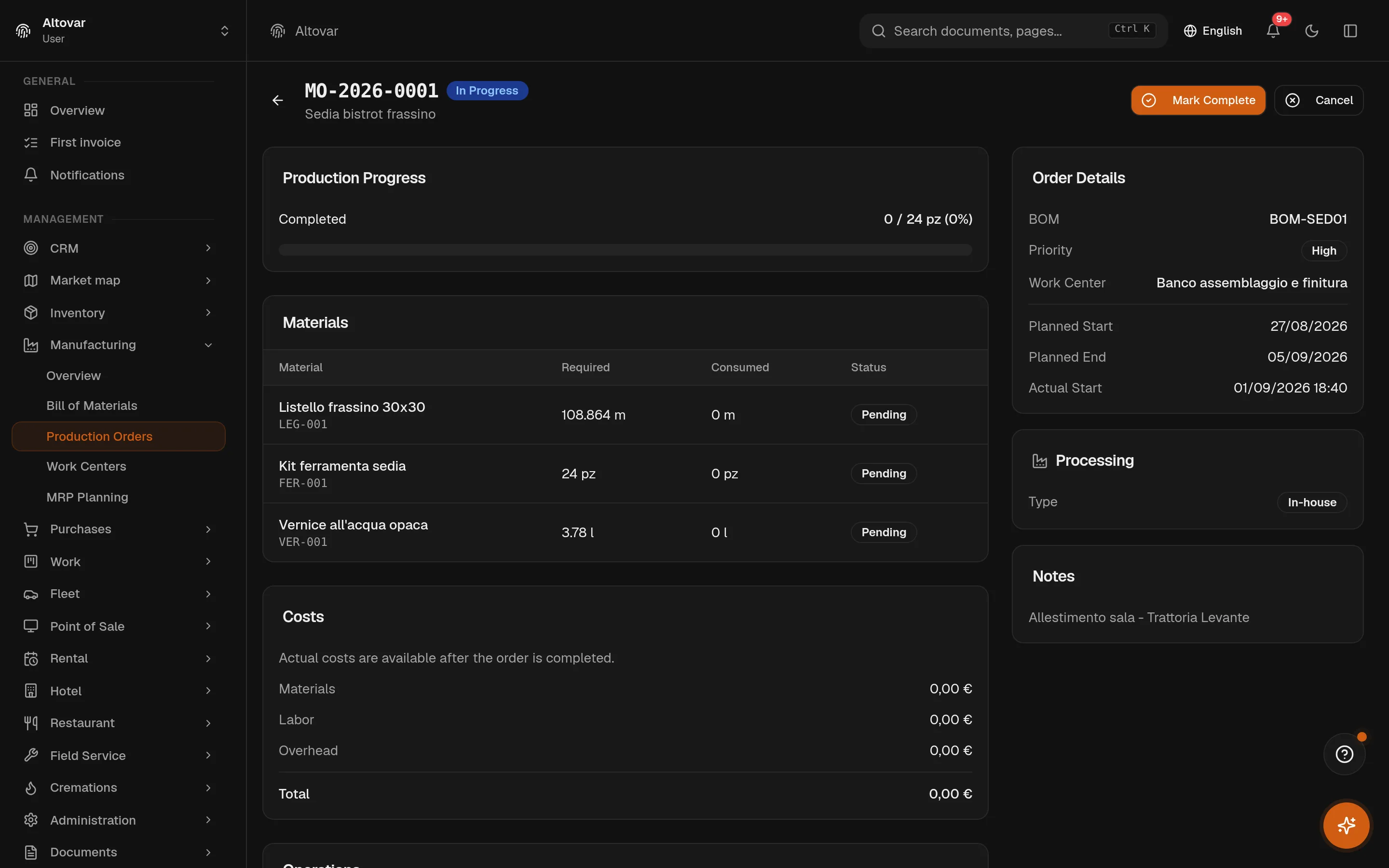 A production order in Equinox: the requirements with waste, the operations with their progress, the time logs and the state actions.