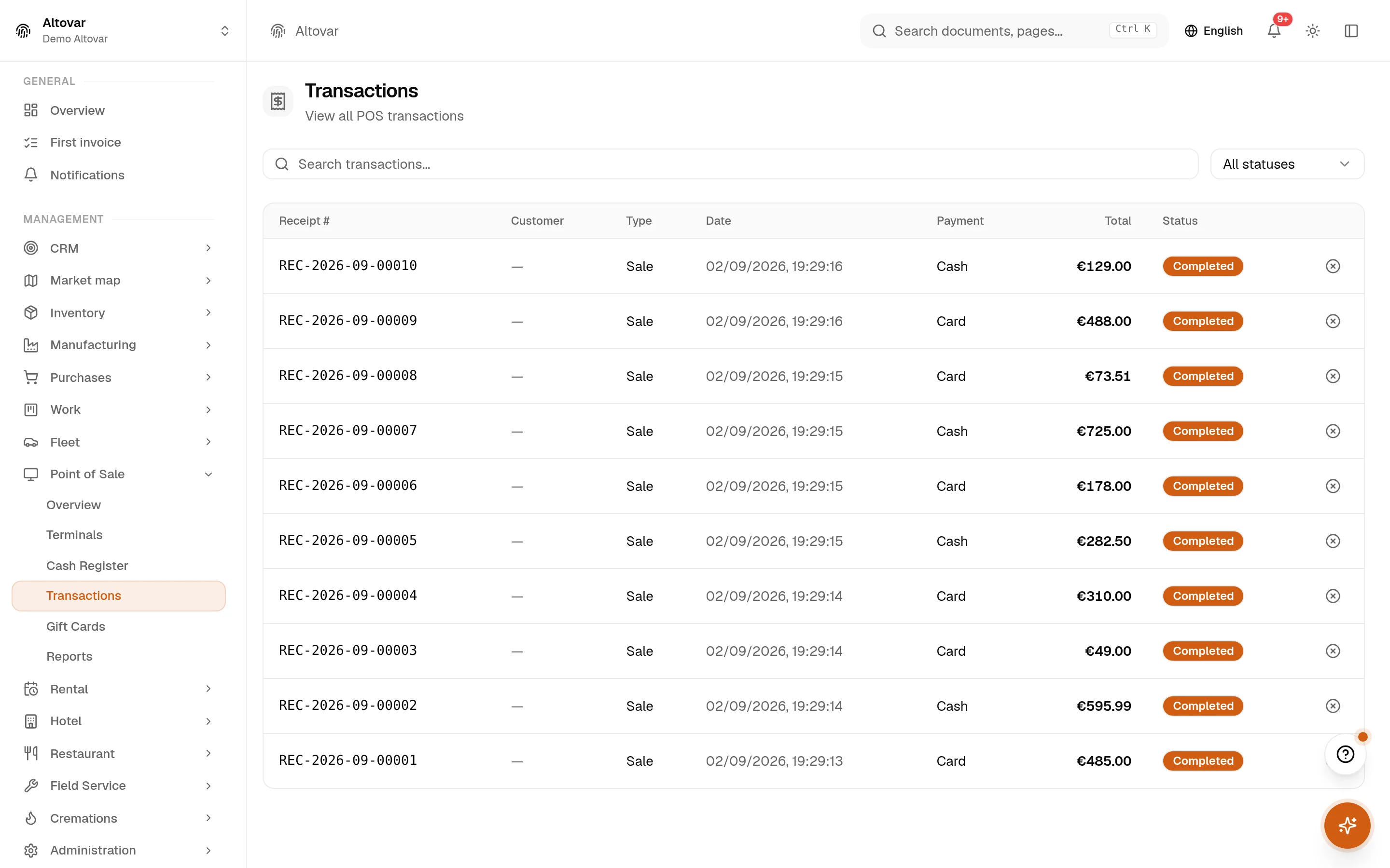 The Equinox till transactions list: sales of a demo shop with receipt number, type, date, payment method, total and state.