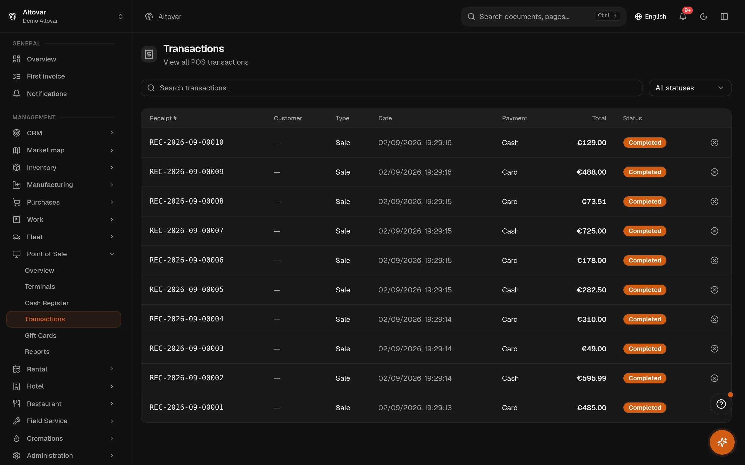 The Equinox till transactions list: sales of a demo shop with receipt number, type, date, payment method, total and state.