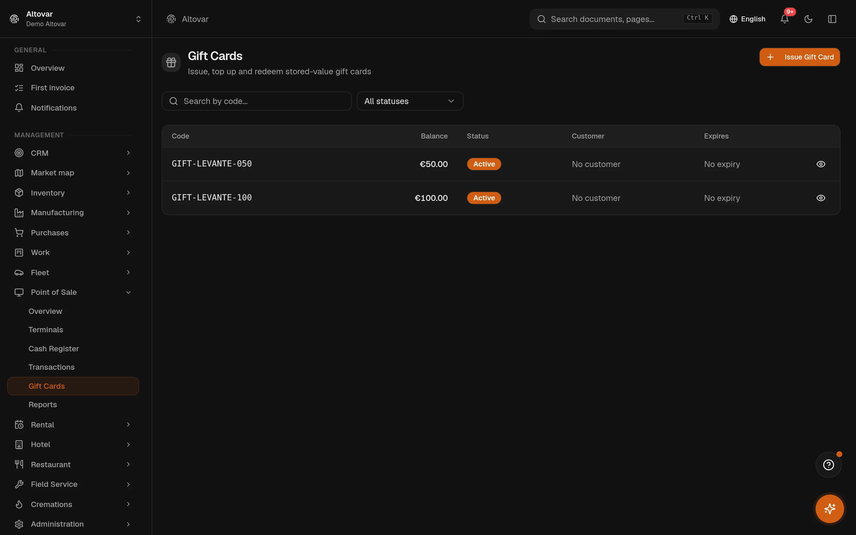 The Equinox gift cards list: cards of a demo shop with code, balance, state and expiry.