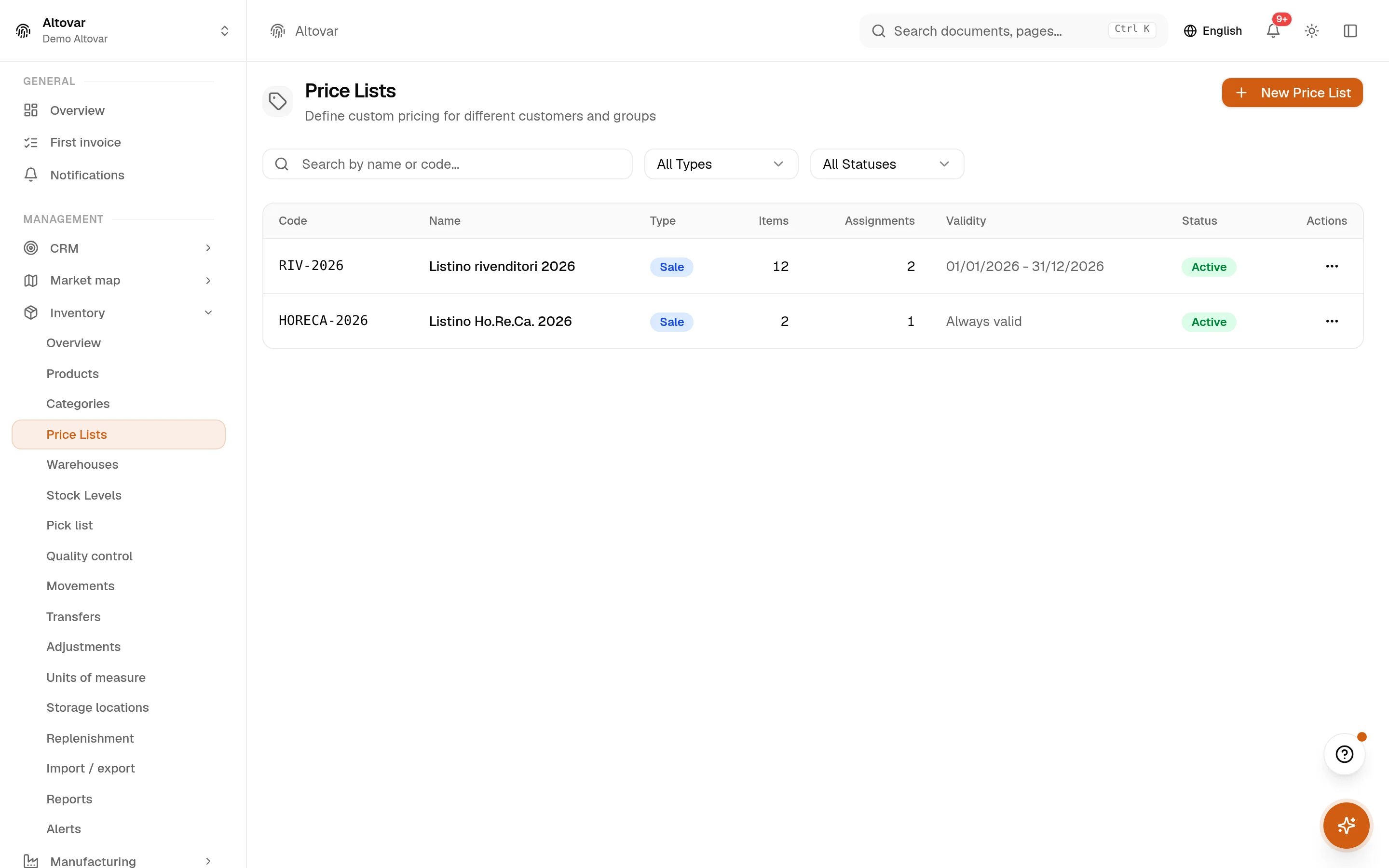 The Equinox price lists: lists of a demo company with code, name, type, number of articles, assignments, validity and state.