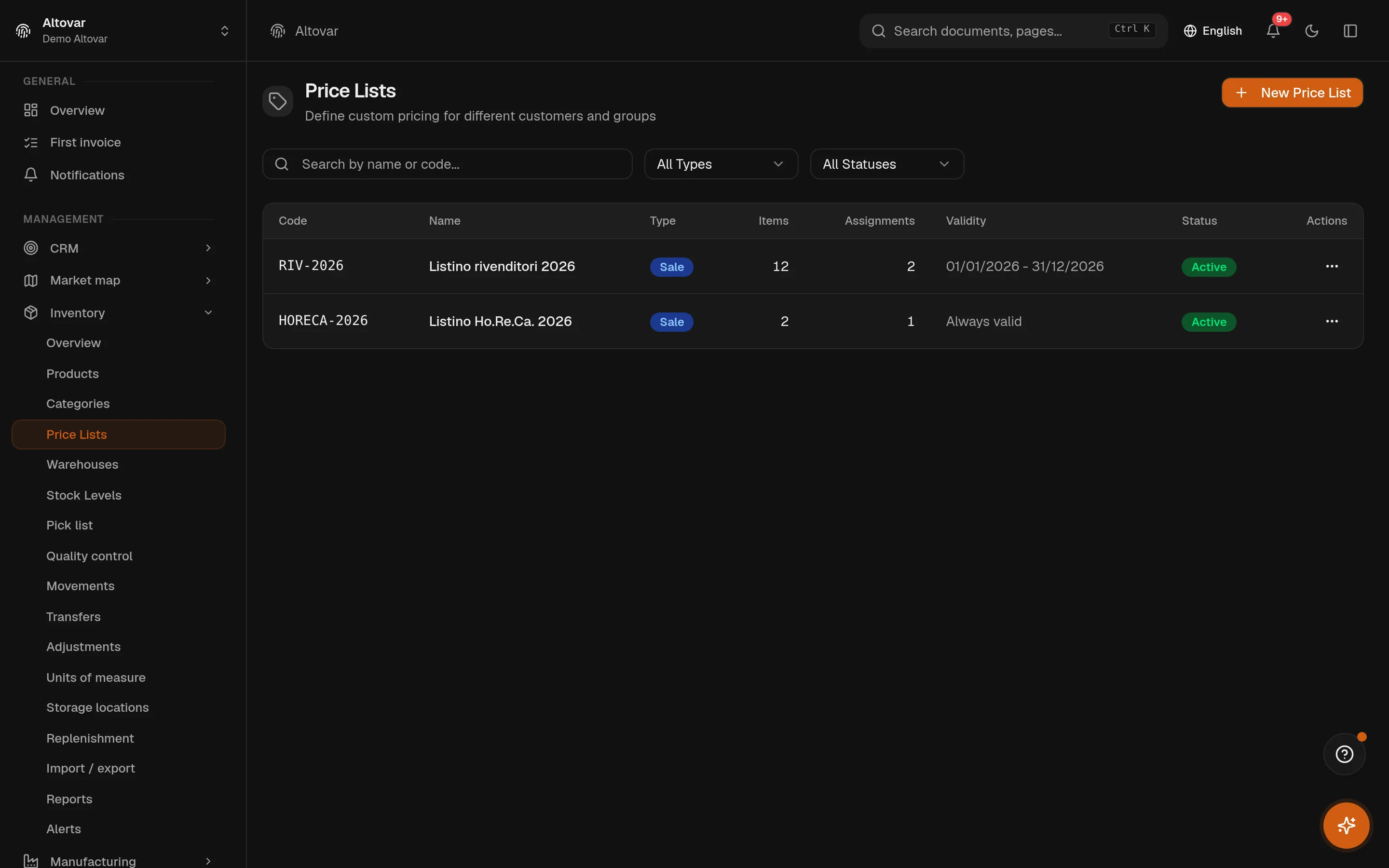 The Equinox price lists: lists of a demo company with code, name, type, number of articles, assignments, validity and state.