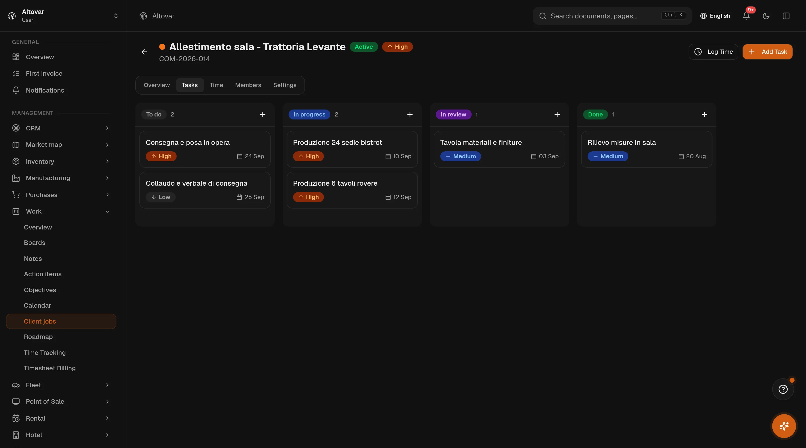 The Equinox project tasks board: columns by state with the tasks of a demo project, their priority and due dates.