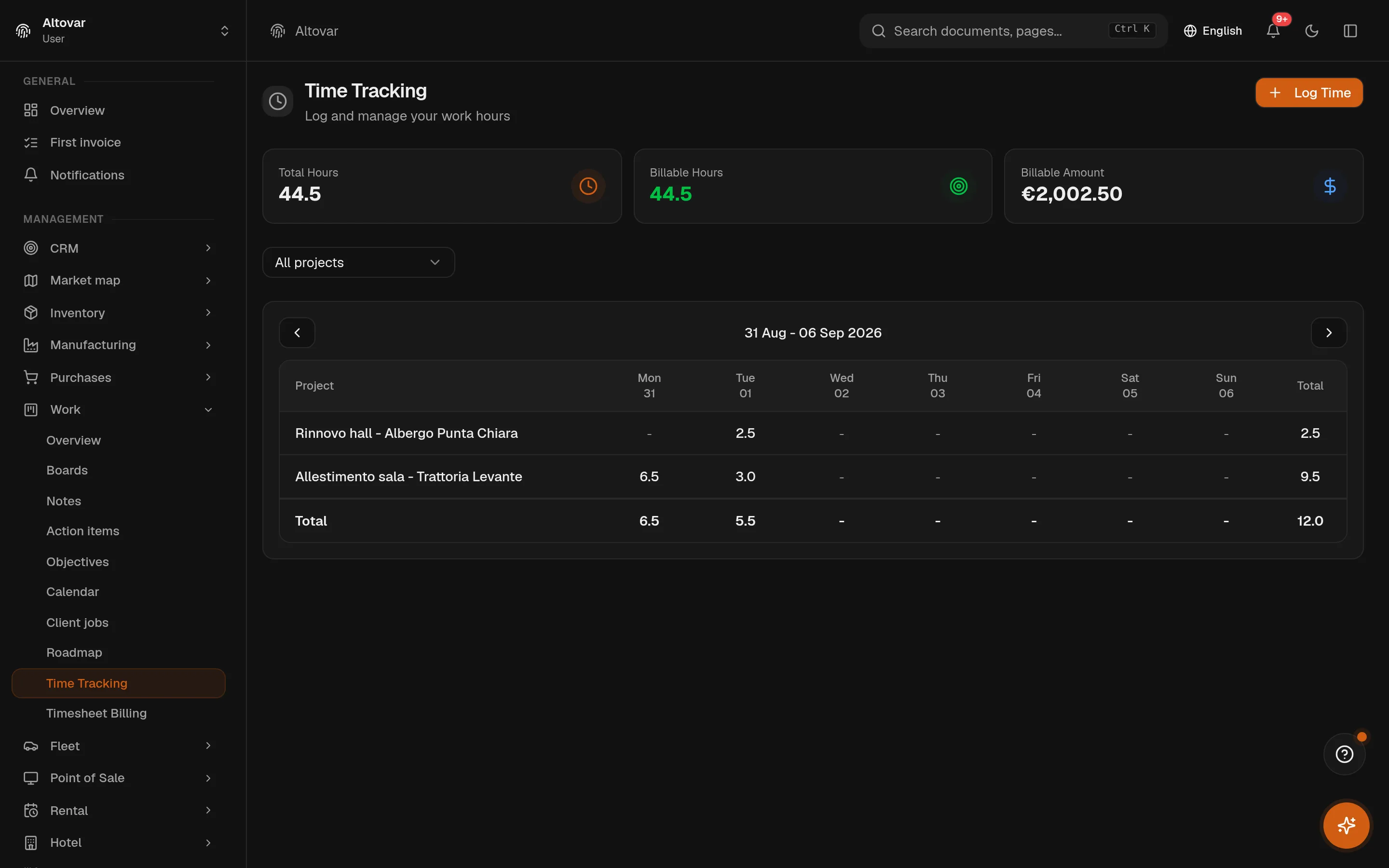 The Equinox time tracking view: time entries of a demo project with date, person, task, hours, billable flag and rate.