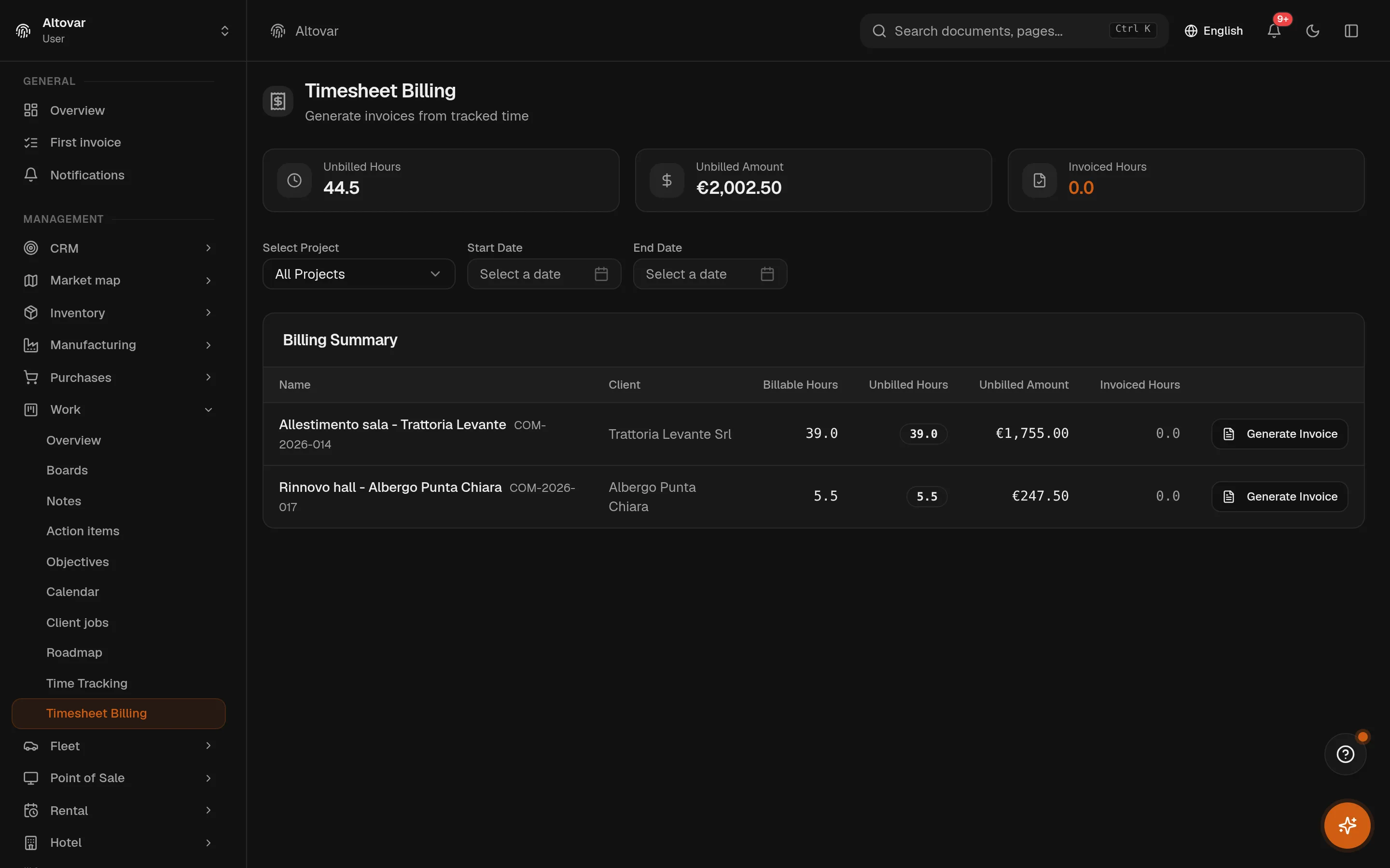 The Equinox timesheet billing view: unbilled billable hours of a demo practice grouped per project and client with their amount.